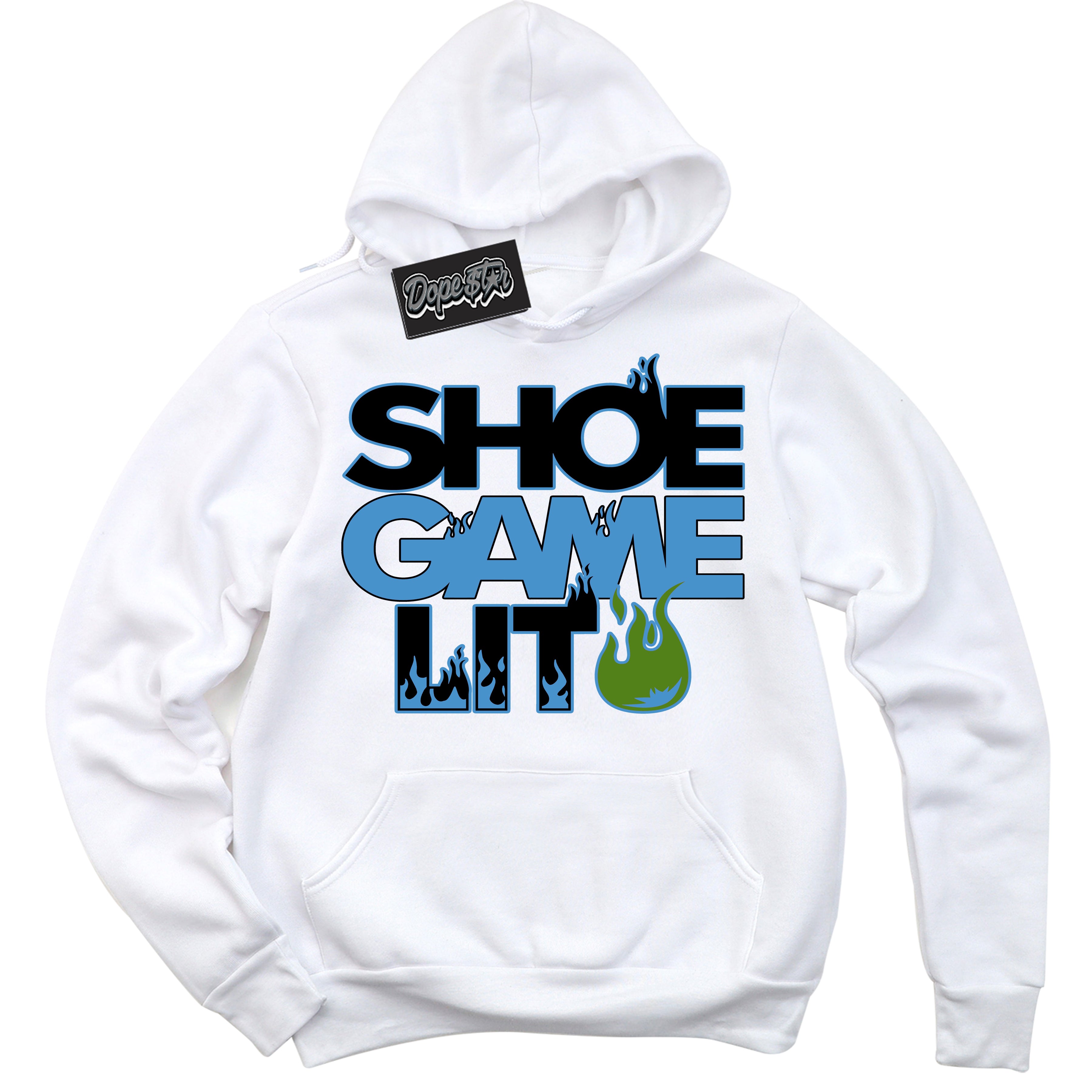 Cool White Hoodie with “ Shoe Game Lit '' design that Perfectly Matches Black University Blue 13s Sneakers.
