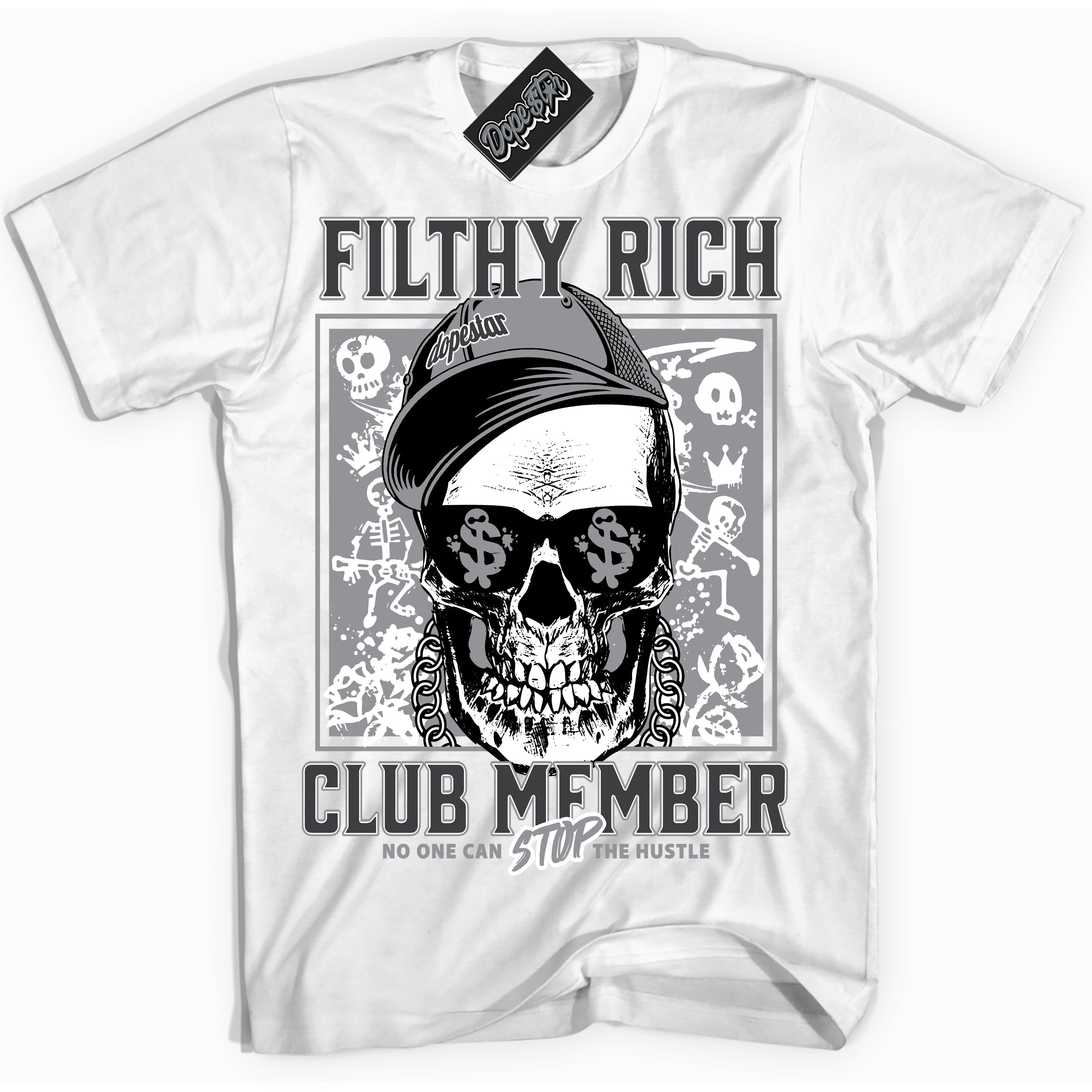 Cool White Shirt with “ Filthy Rich” design that perfectly matches Flint Grey 14s Sneakers.