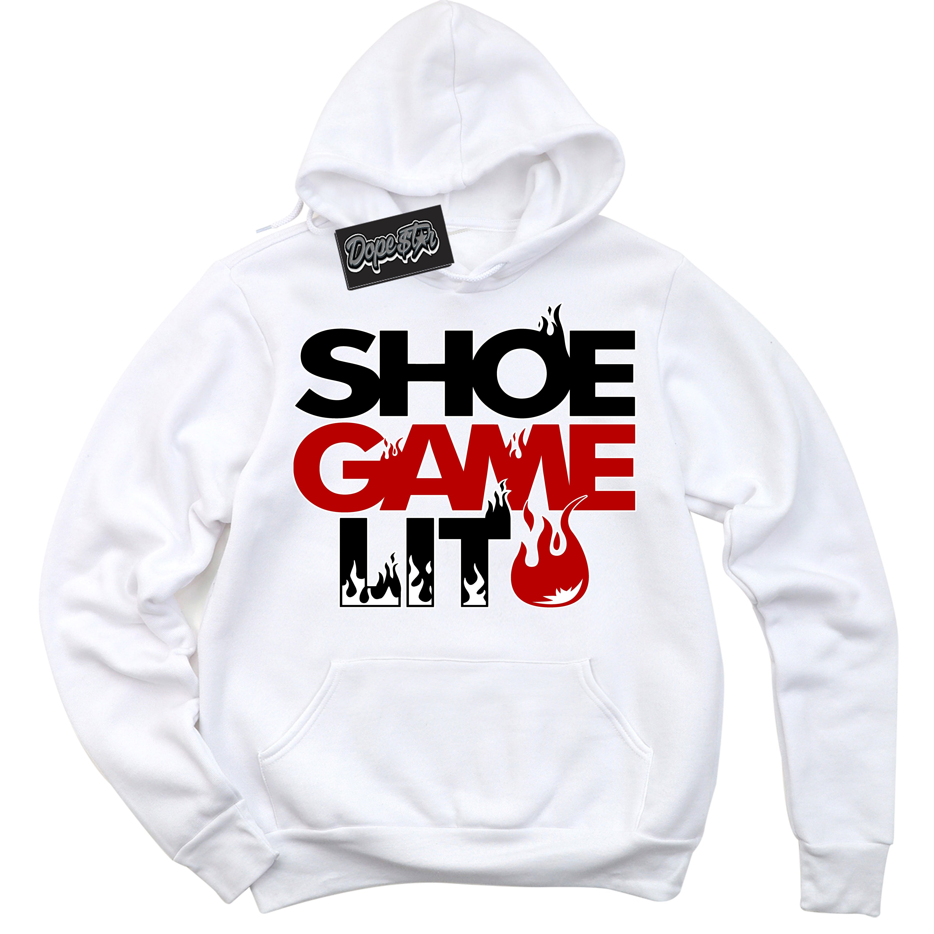 Cool White Hoodie with “ Shoe Game Lit '' design that Perfectly Matches Black Gym Red White 1s Sneakers.