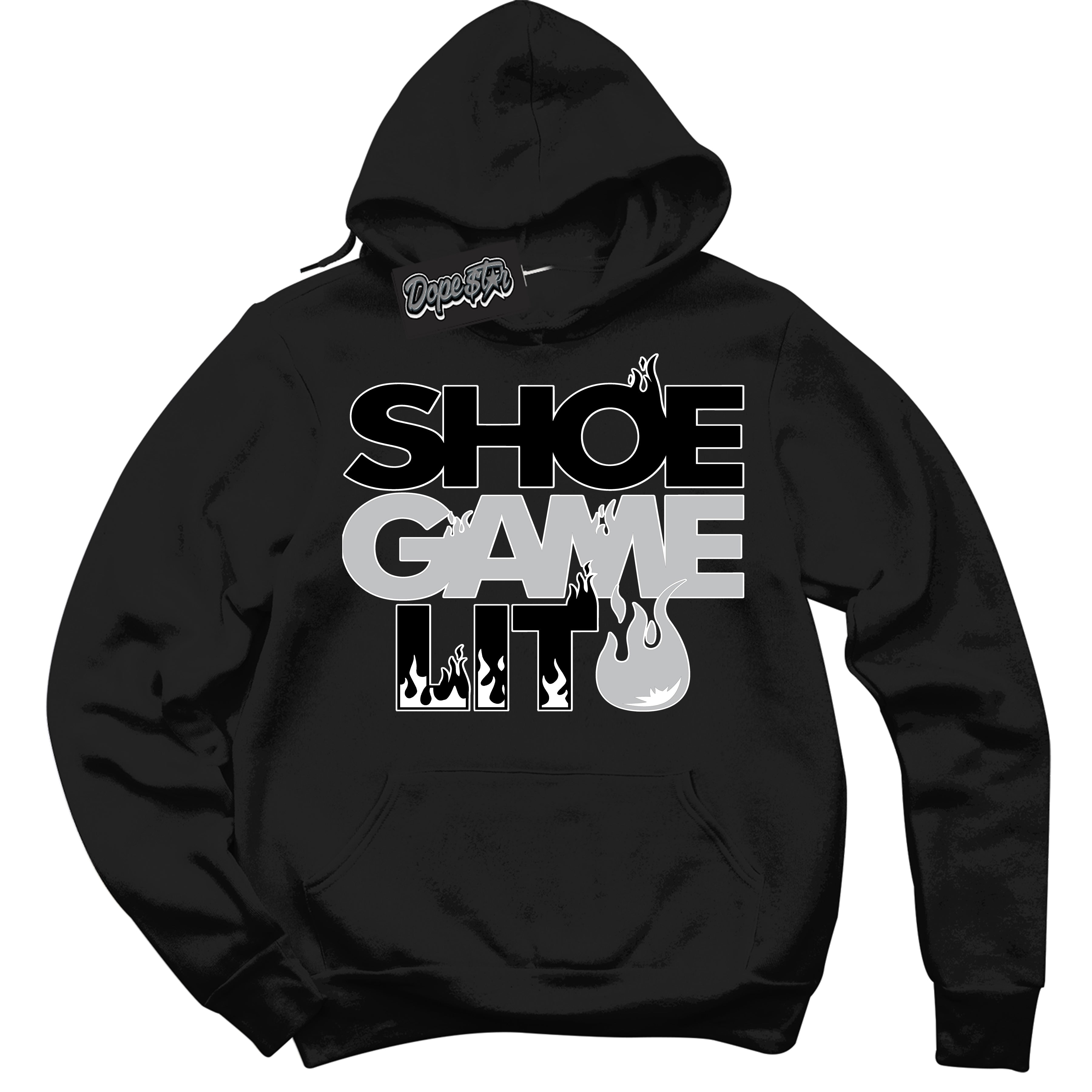 Cool Black Hoodie with “ Shoe Game Lit '' design that Perfectly Matches Elevate Silver Toe 1s Sneakers.