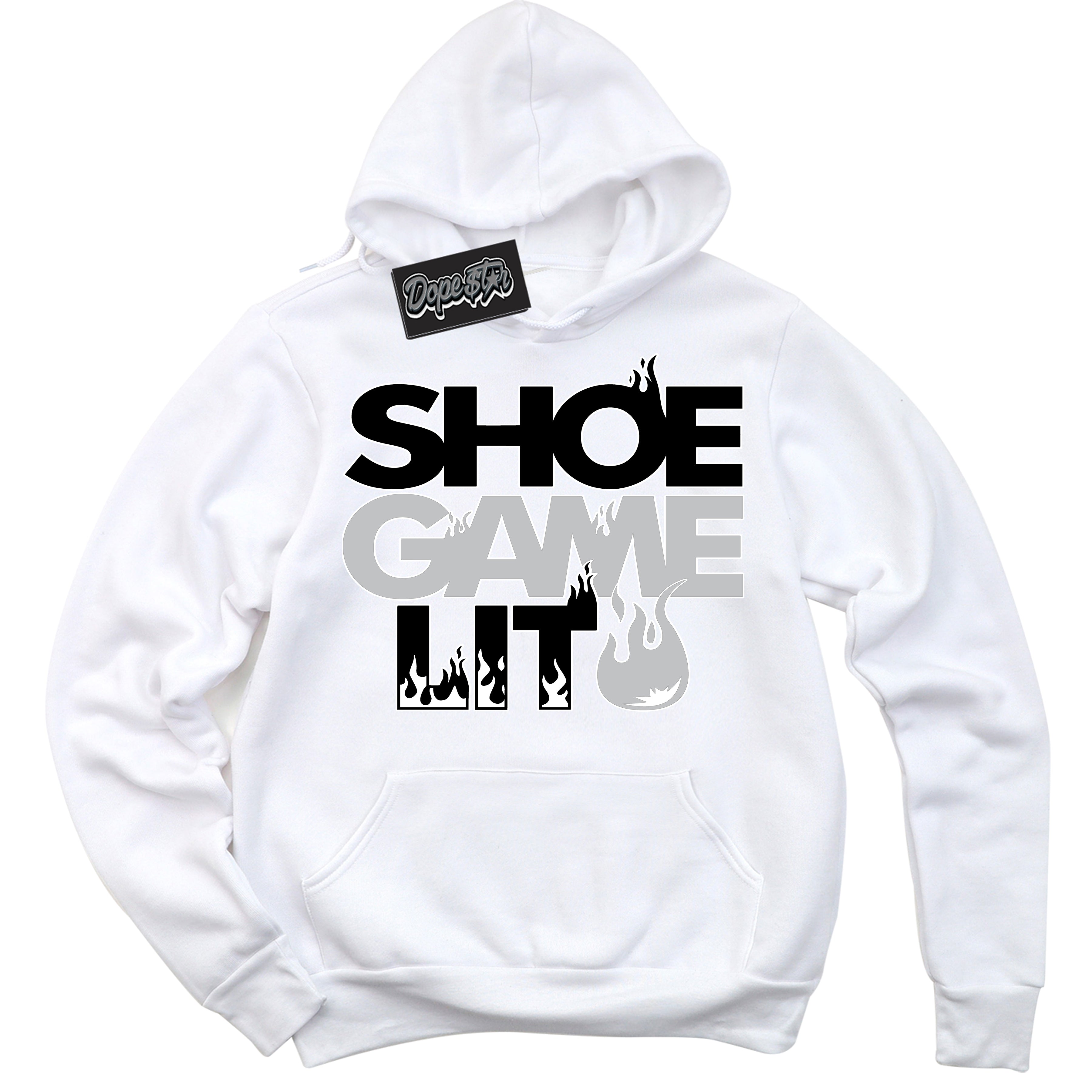 Cool White Hoodie with “ Shoe Game Lit '' design that Perfectly Matches Elevate Silver Toe 1s Sneakers.
