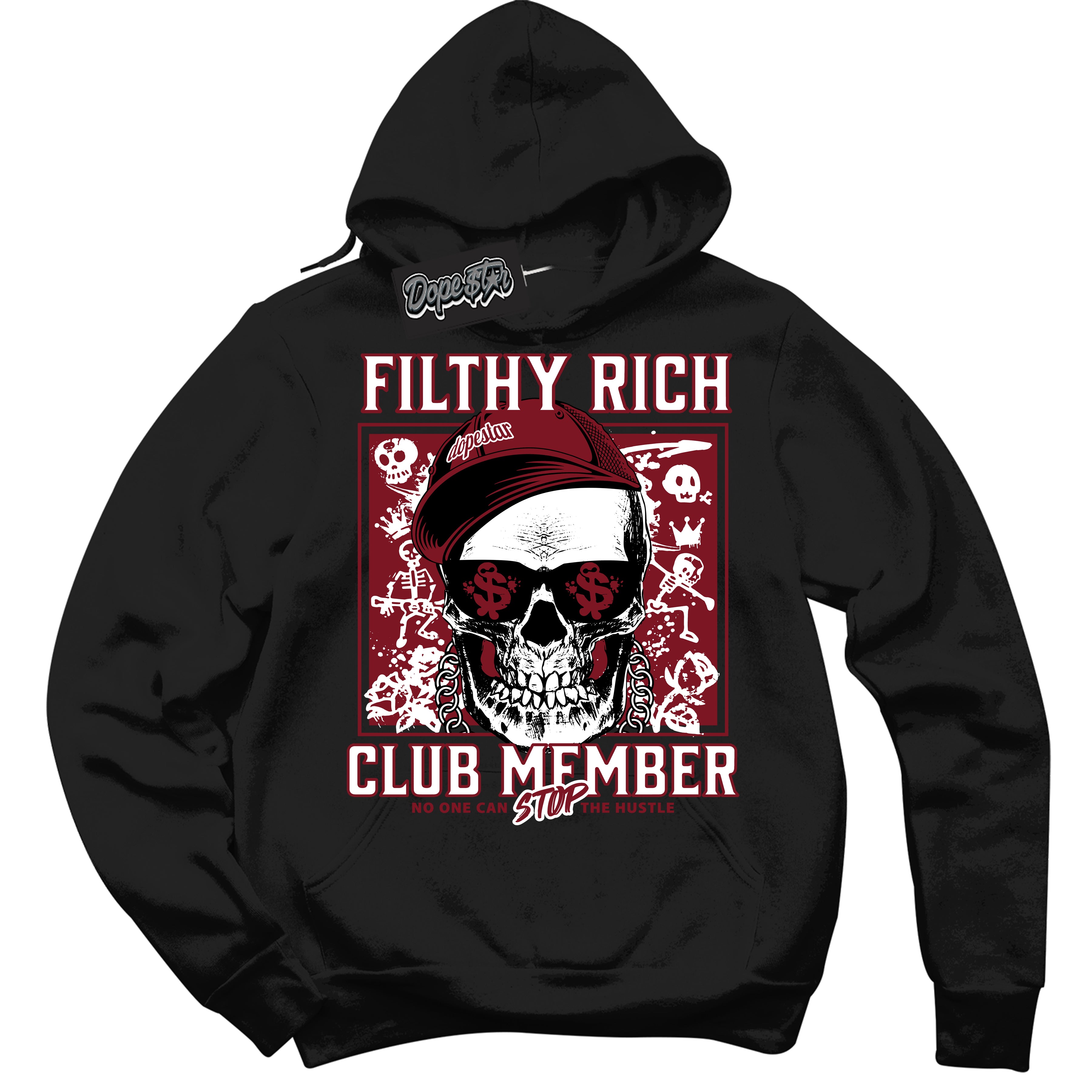 Cool Black Hoodie with “ Filthy Rich ” design that Perfectly Matches Metallic Burgundy 1s Sneakers.