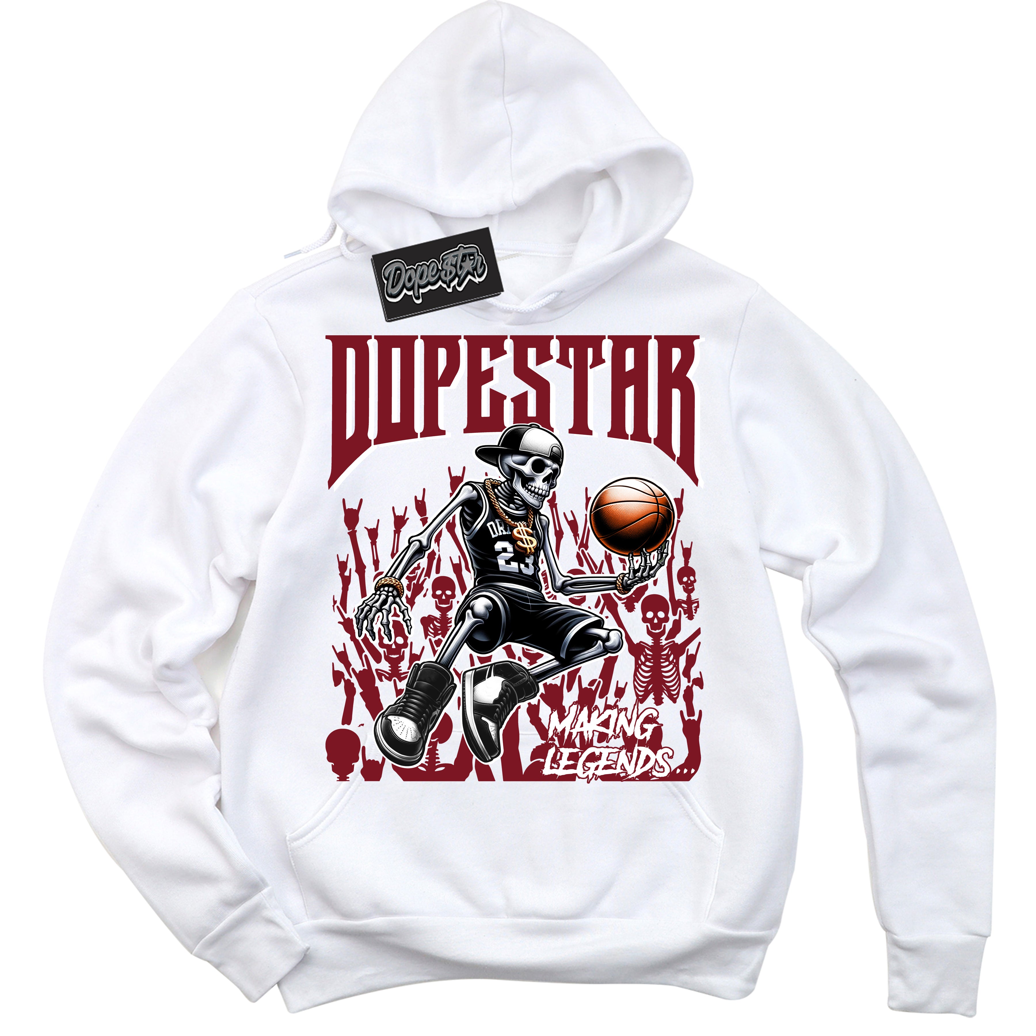 Cool White Hoodie with “ Making Legends ” design that Perfectly Matches Metallic Burgundy 1s Sneakers.
