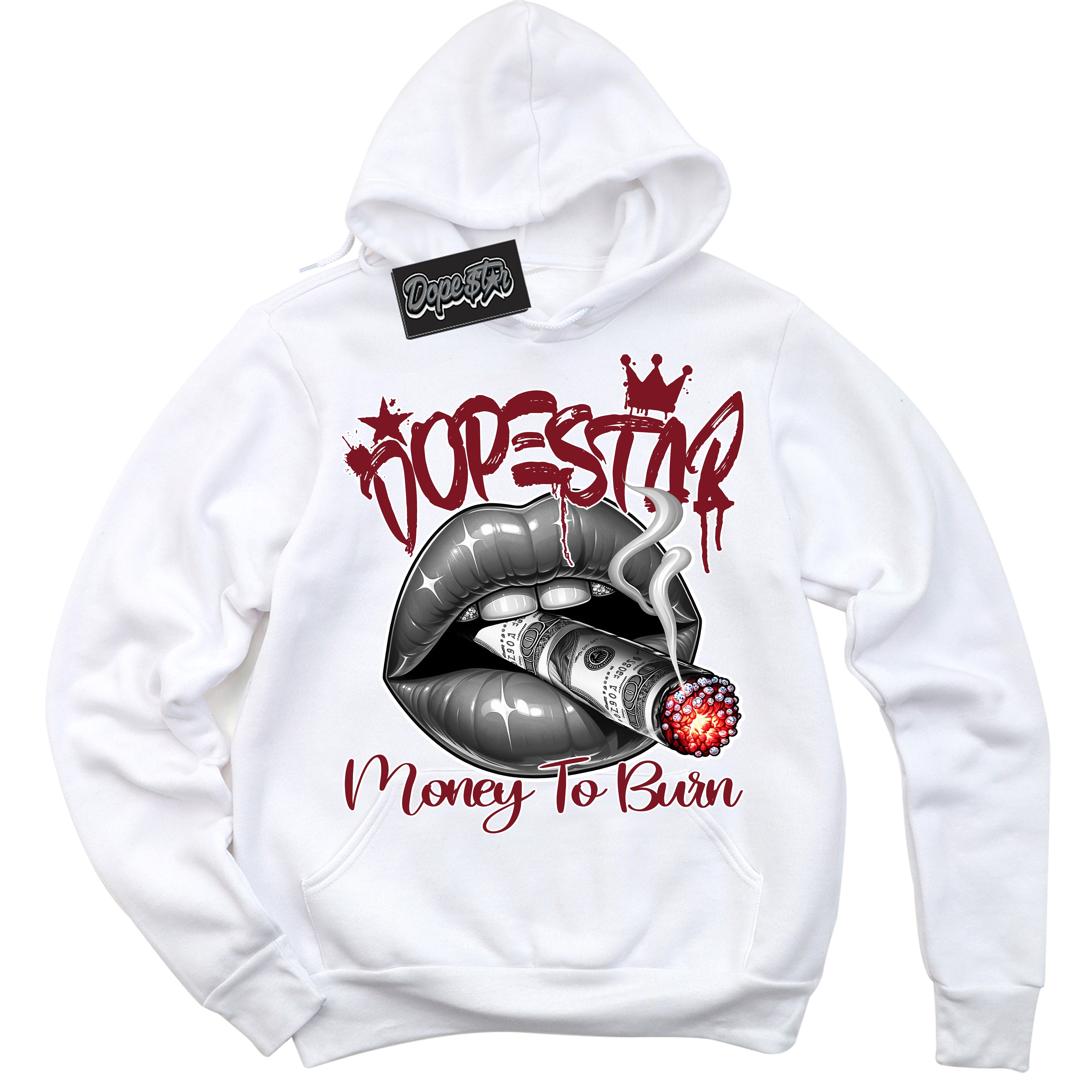Cool White Hoodie with “ Money To Burn ” design that Perfectly Matches Metallic Burgundy 1s Sneakers.
