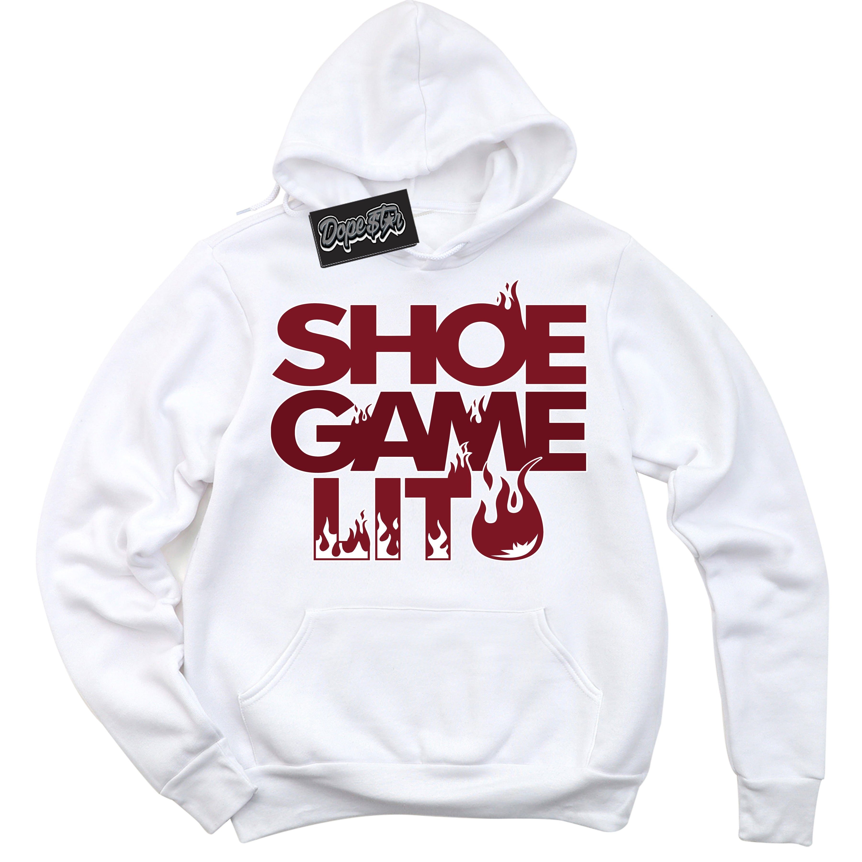 Cool White Hoodie with “ Shoe Game Lit '' design that Perfectly Matches Metallic Burgundy 1s Sneakers.