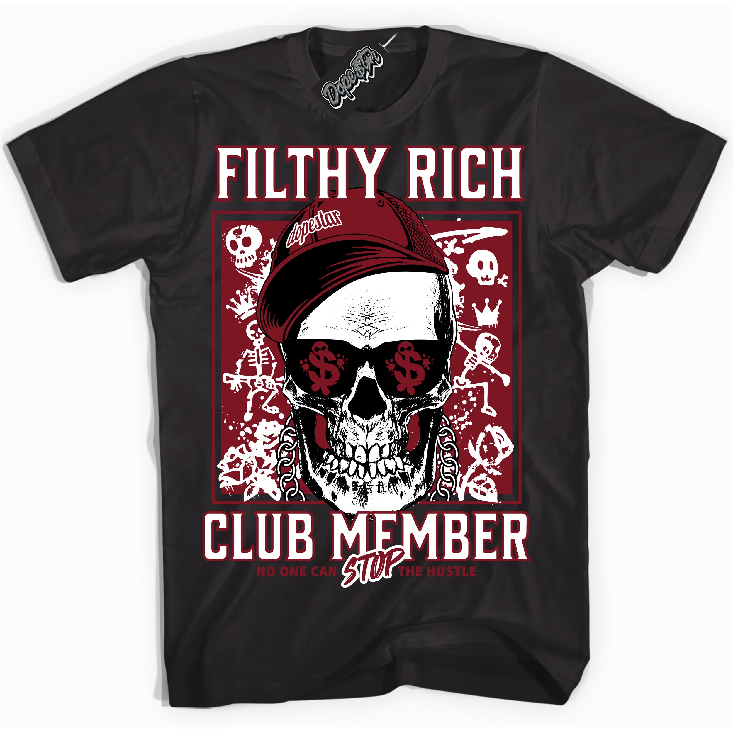 Cool Black Shirt with “ Filthy Rich” design that perfectly matches Metallic Burgundy 1s Sneakers.