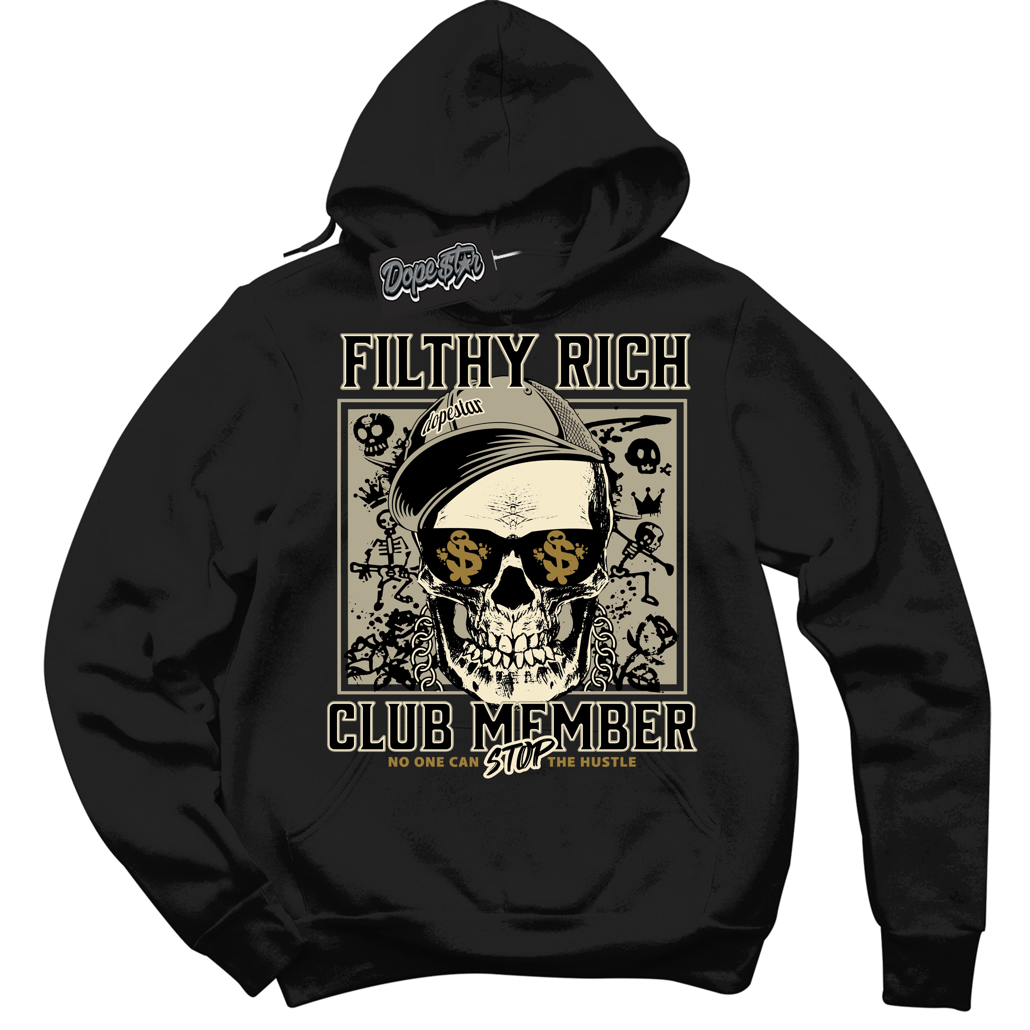 Cool Black Hoodie with “ Filthy Rich ” design that Perfectly Matches Dia De Muertos 1s Sneakers.