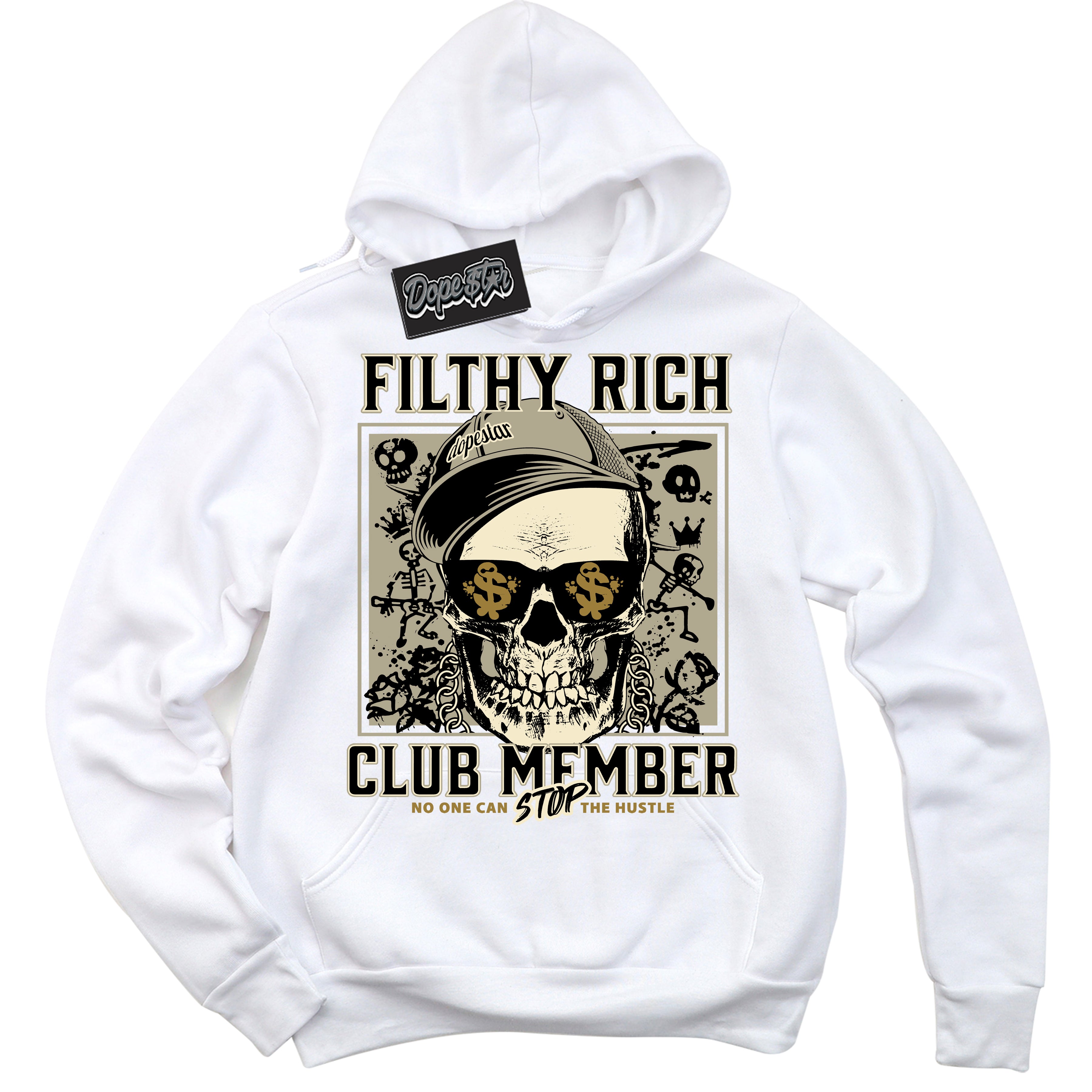 Cool White Hoodie with “ Filthy Rich ” design that Perfectly Matches Dia De Muertos 1s Sneakers.