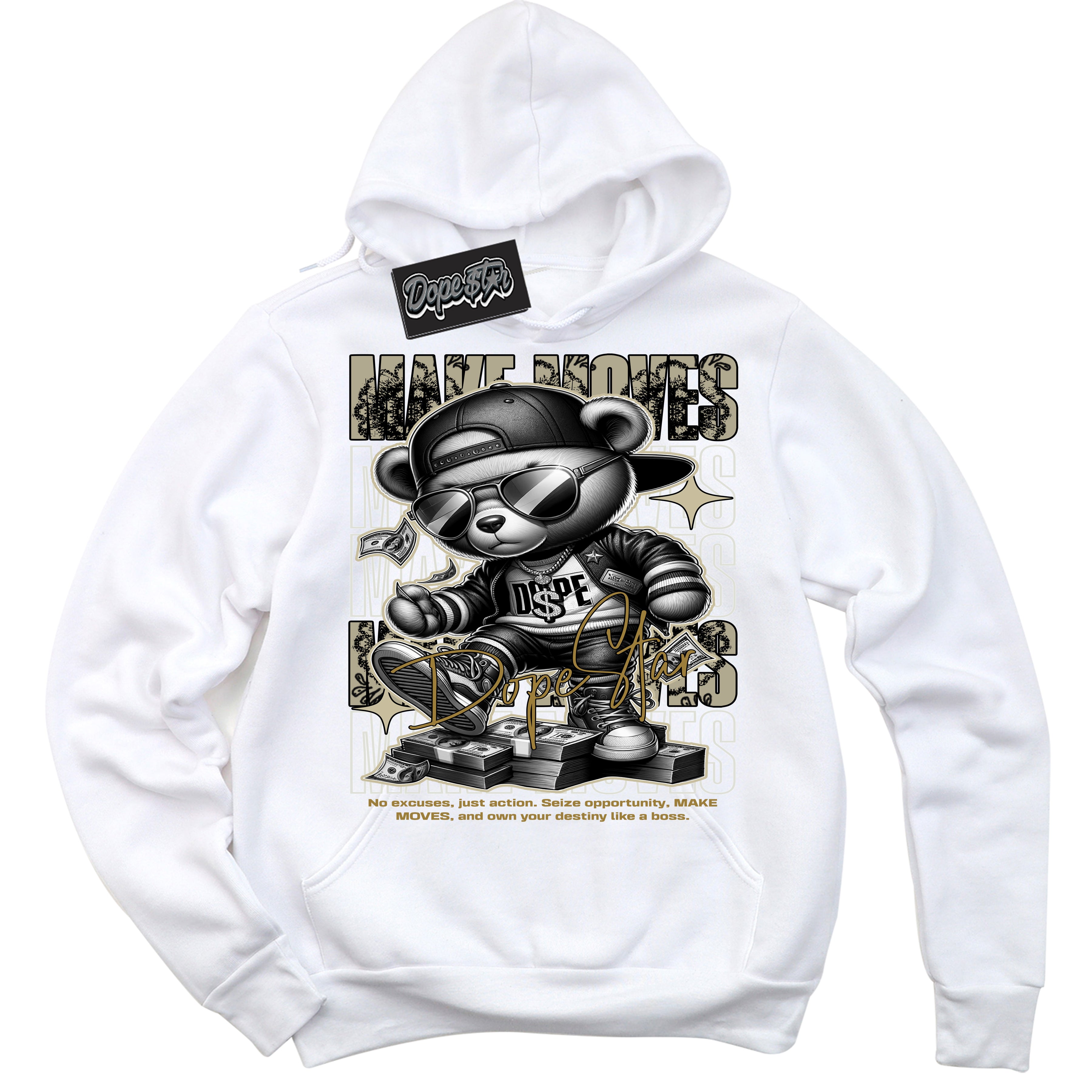 Cool White Hoodie with “ Makin Moves ” design that Perfectly Matches Dia De Muertos 1s Sneakers.