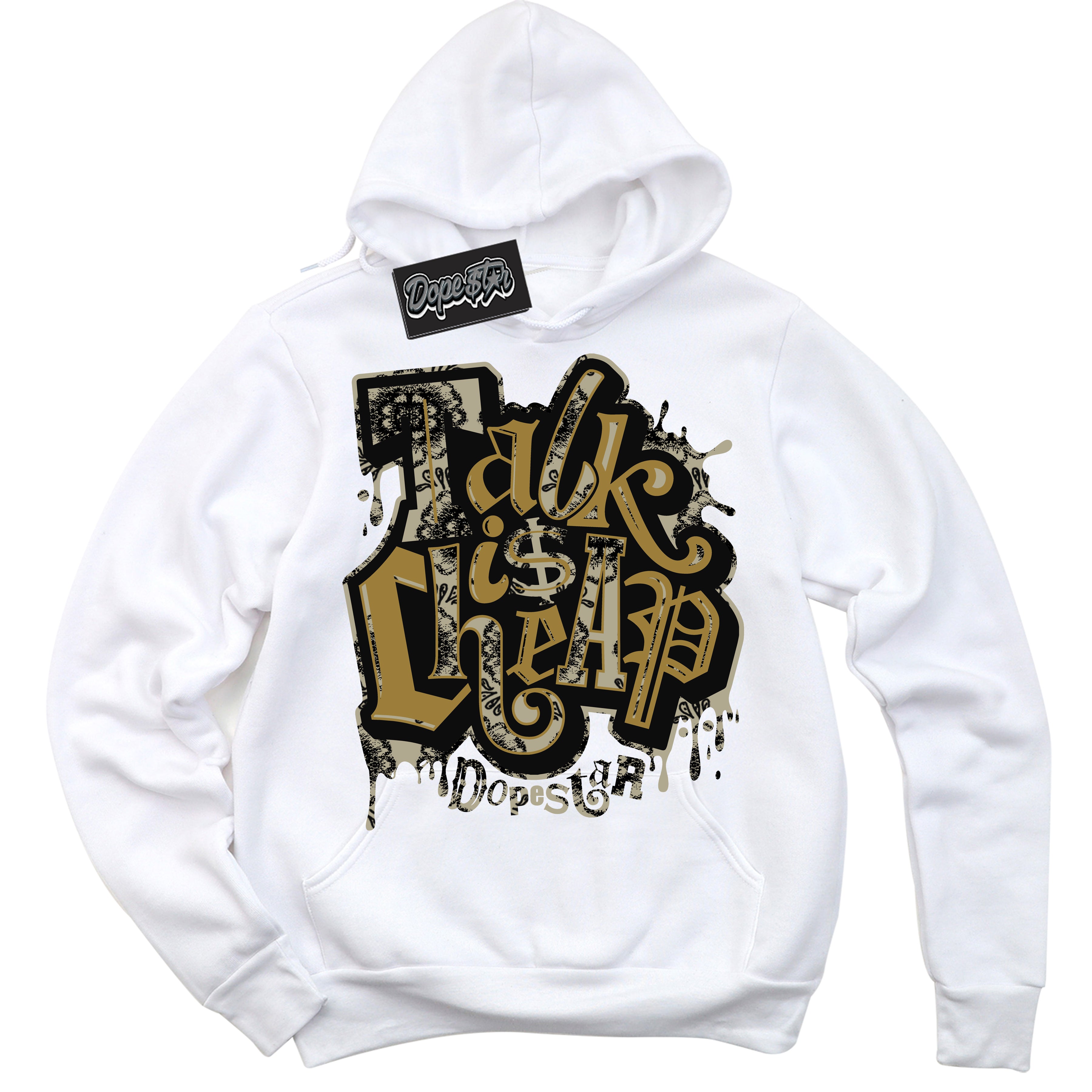Cool White Hoodie with “ Talk Is Cheap ” design that Perfectly Matches Dia De Muertos 1s Sneakers.