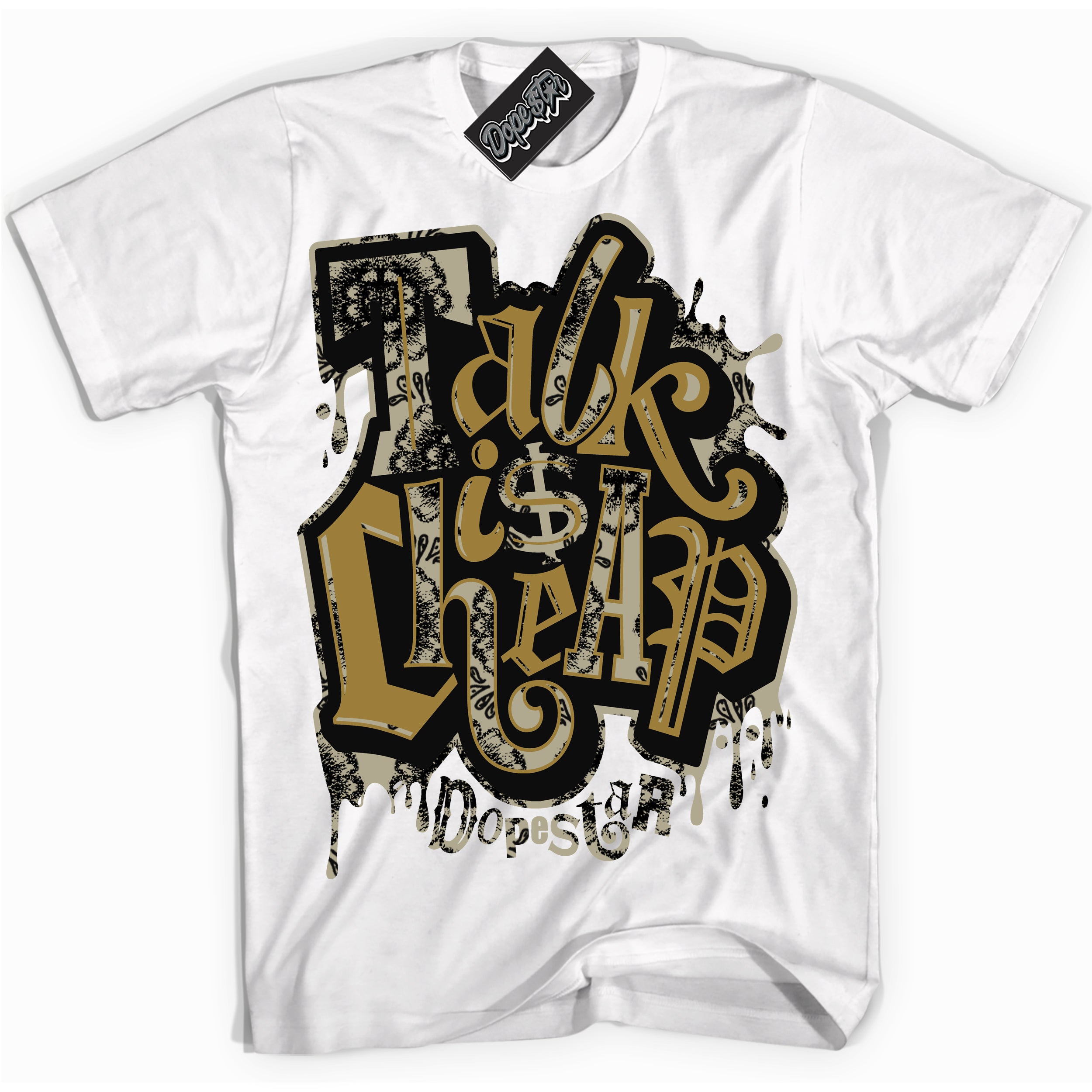 Cool White Shirt with “ Talk Is Cheap” design that perfectly matches Dia De Muertos 1s Sneakers.