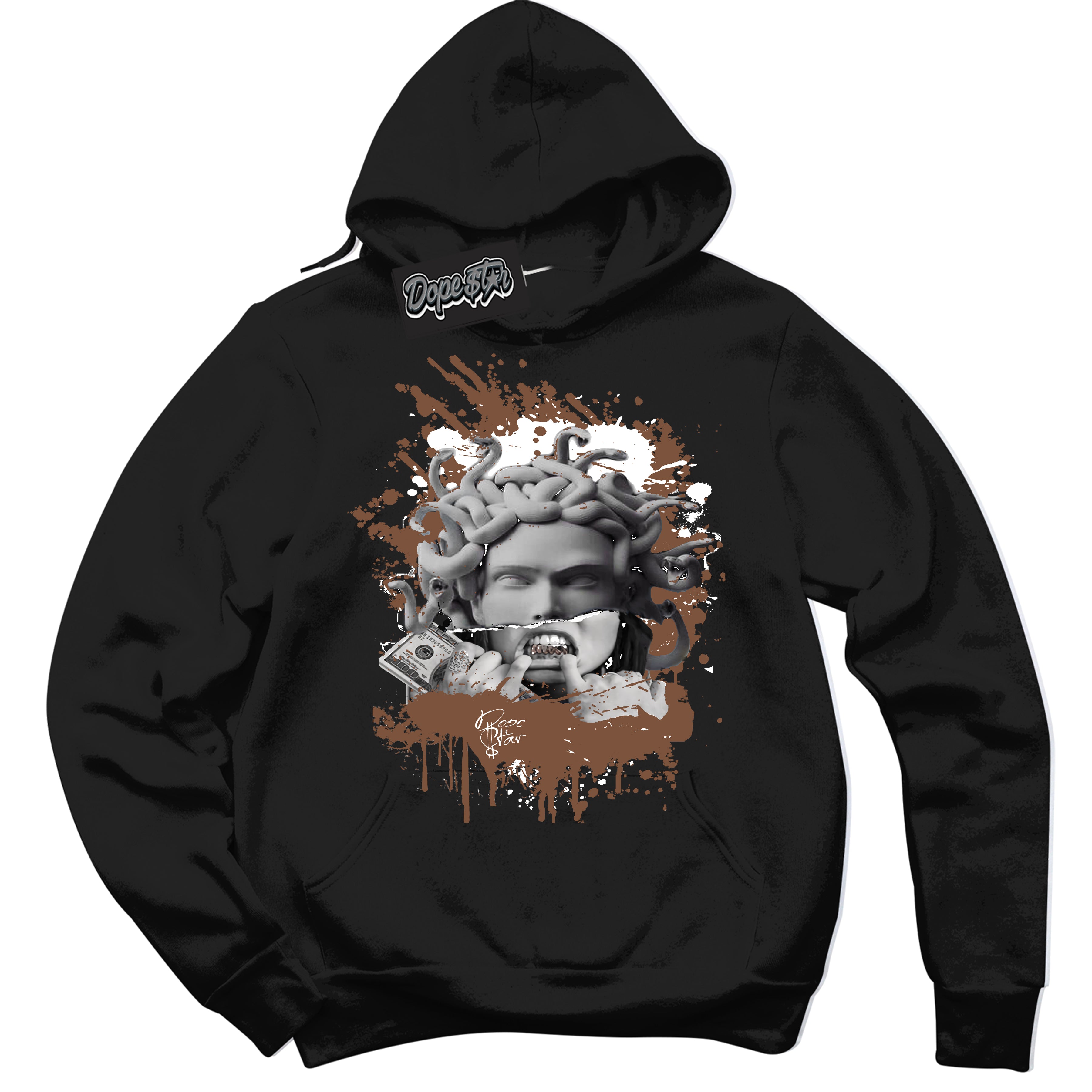 AJ1 Low Archaeo Brown White 'Medusa' Hoodie- Black Streetwear Mockup | Sneakerhead Hoodie Matching Archaeo Brown White AJ1 Lows | Limited Edition Jordan 1 Low Archaeo Brown White hoodie for Men & Women | Drip with Your Archaeo Brown White 1s Kicks | Sneakerhead Fashion Must-Have.