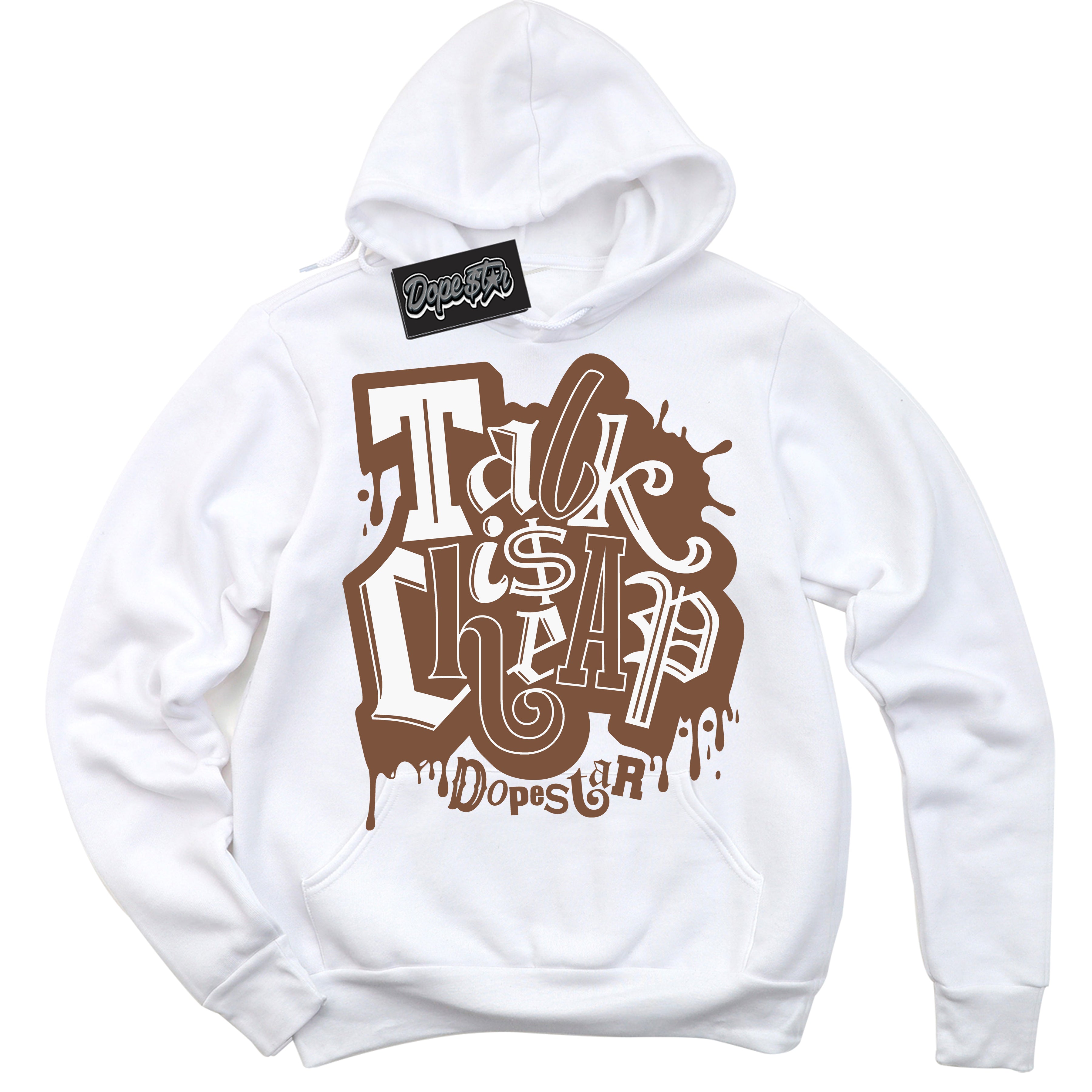 AJ1 Low Archaeo Brown White 'Talk Is Cheap' Hoodie- White Streetwear Mockup | Sneakerhead Hoodie Matching Archaeo Brown White AJ1 Lows | Limited Edition Jordan 1 Low Archaeo Brown White hoodie for Men & Women | Drip with Your Archaeo Brown White 1s Kicks | Sneakerhead Fashion Must-Have.