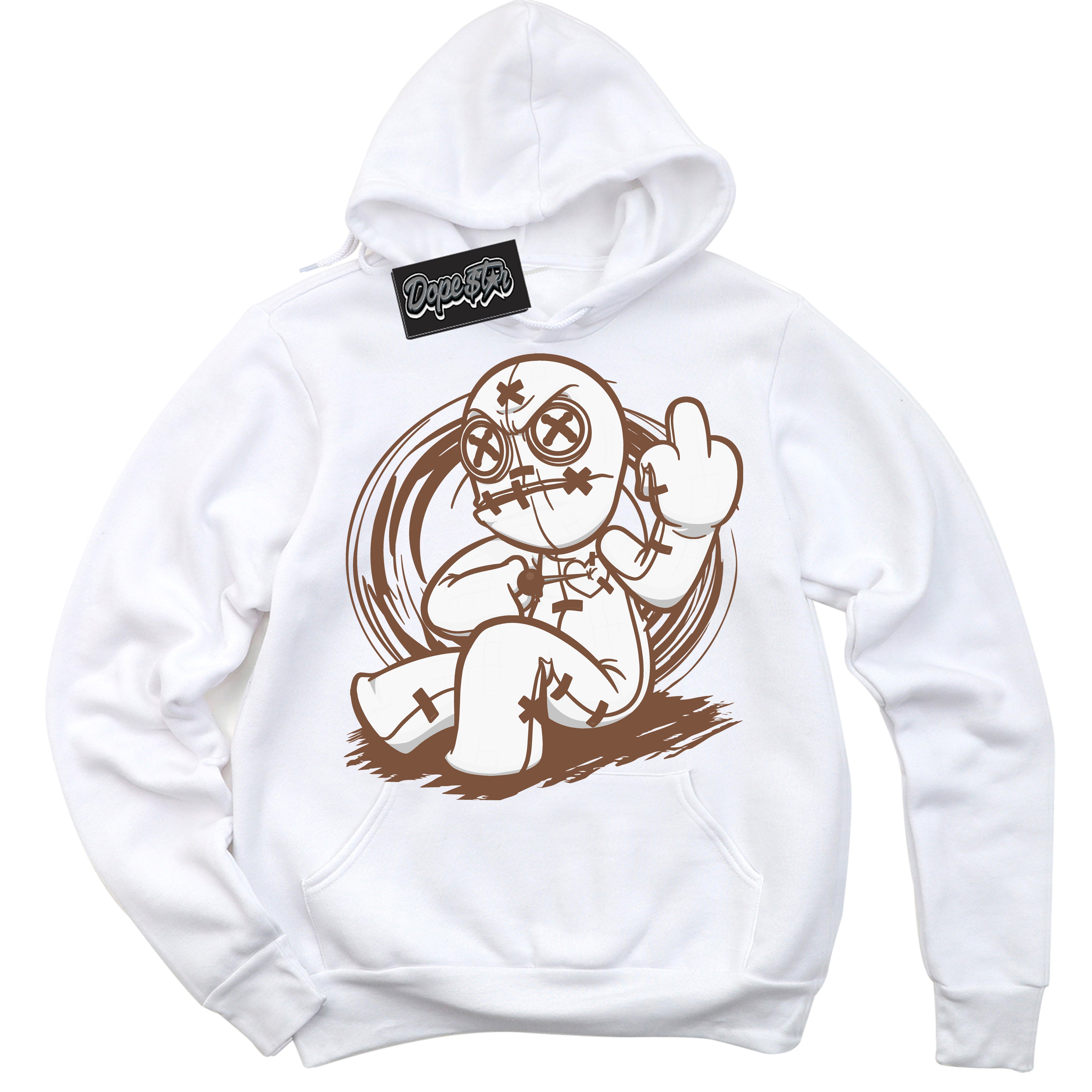 AJ1 Low Archaeo Brown White 'Voodoo Doll' Hoodie- White Streetwear Mockup | Sneakerhead Hoodie Matching Archaeo Brown White AJ1 Lows | Limited Edition Jordan 1 Low Archaeo Brown White hoodie for Men & Women | Drip with Your Archaeo Brown White 1s Kicks | Sneakerhead Fashion Must-Have.