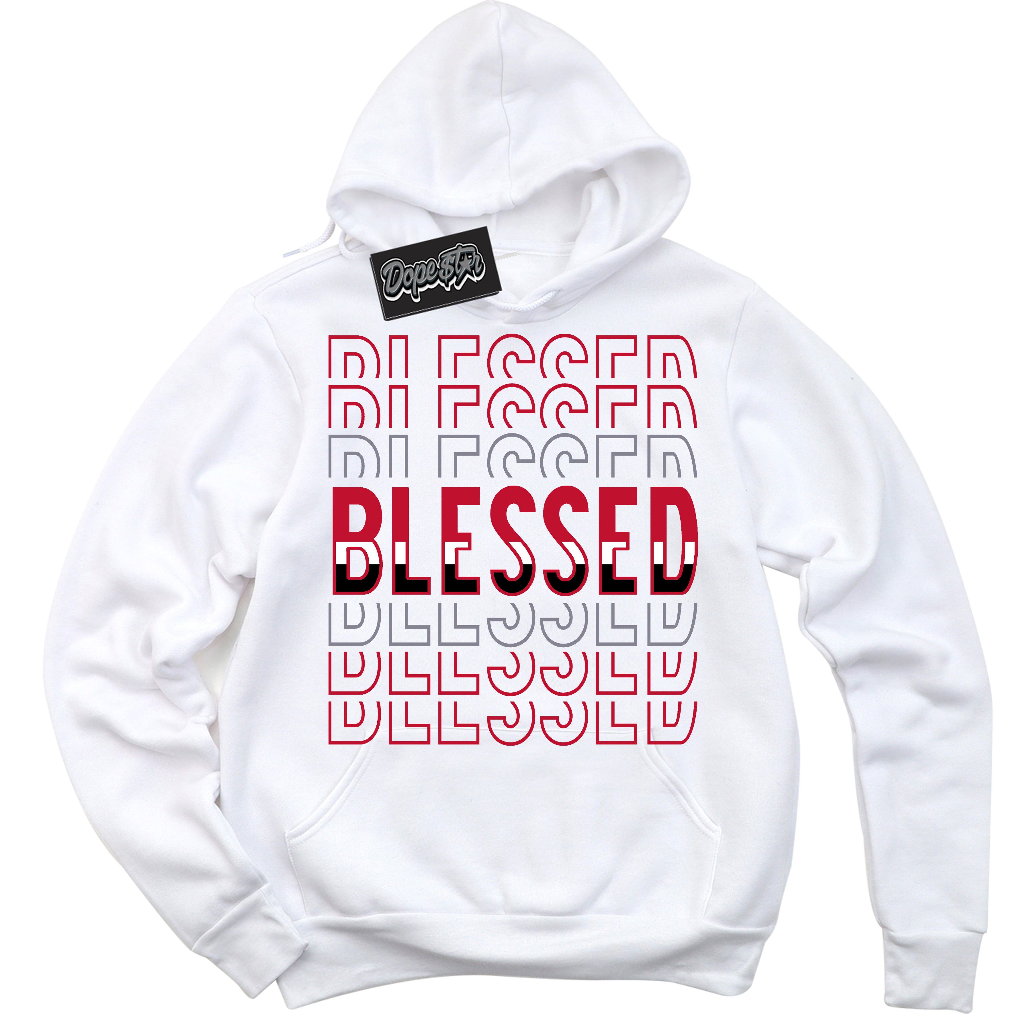 Cool White Hoodie with “ Blessed Stacked '' design that Perfectly Matches Cement Grey Fire Red 1s Sneakers.