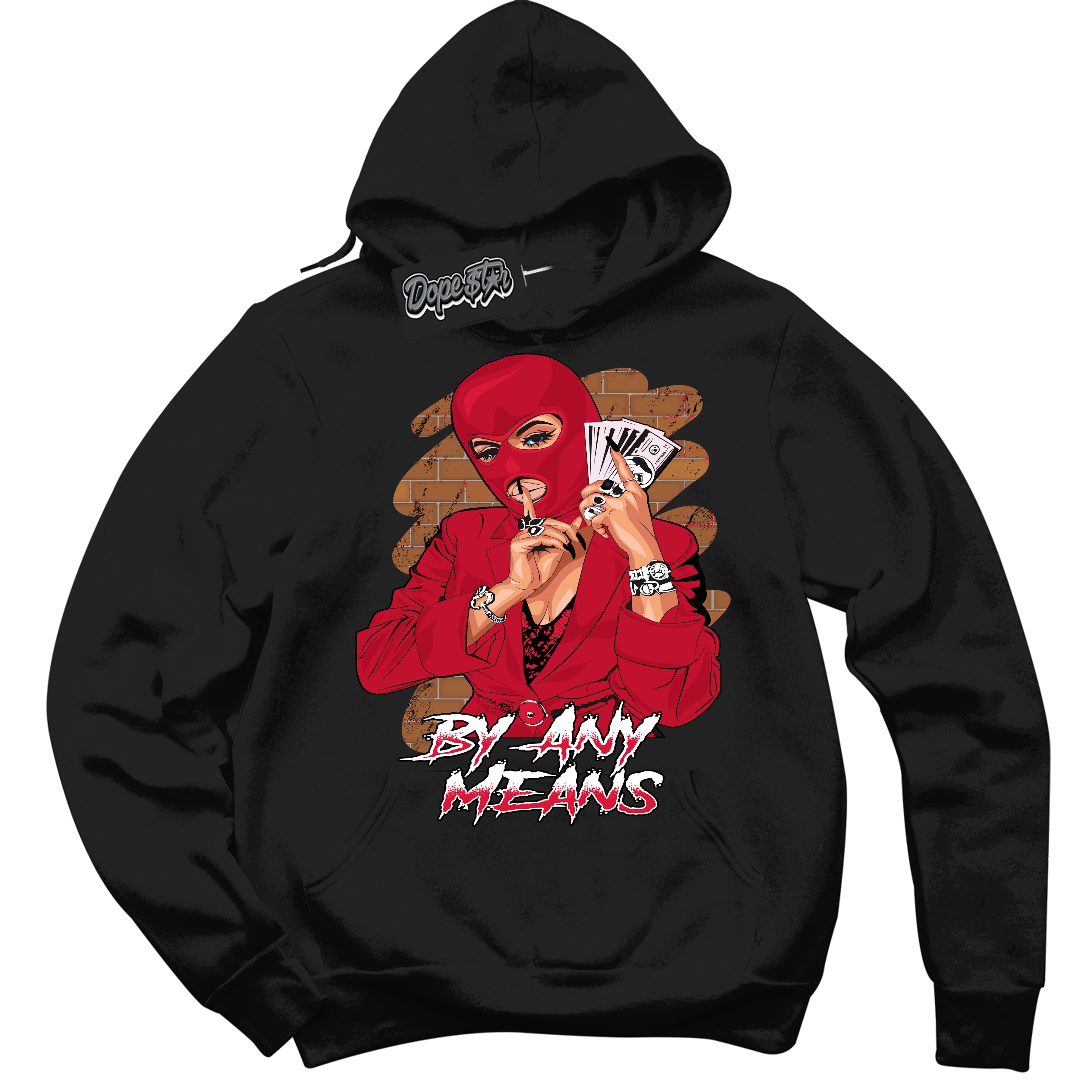 Cool Black Hoodie with “ By Any Means '' design that Perfectly Matches Cement Grey Fire Red 1s Sneakers.