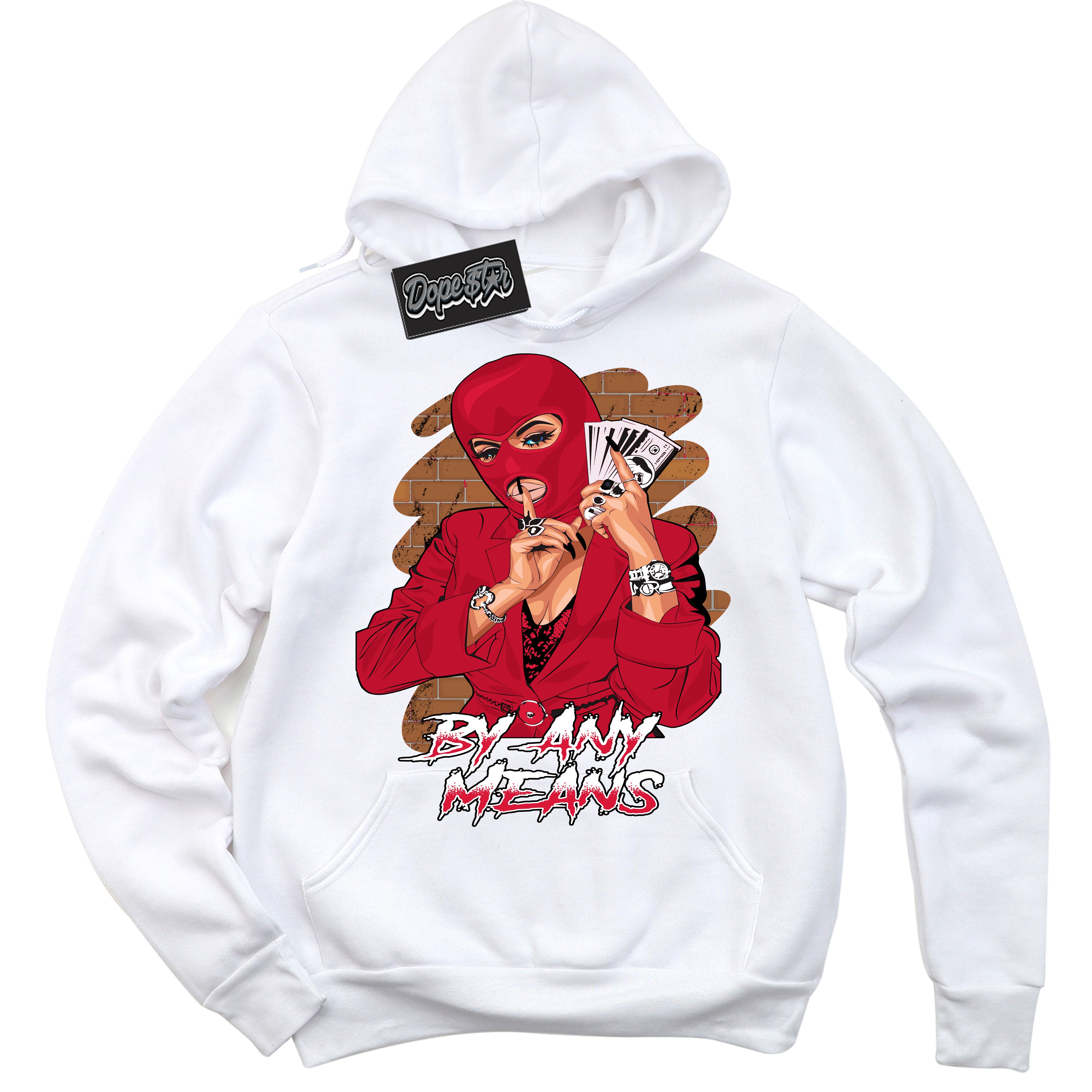 Cool White Hoodie with “ By Any Means '' design that Perfectly Matches Cement Grey Fire Red 1s Sneakers.