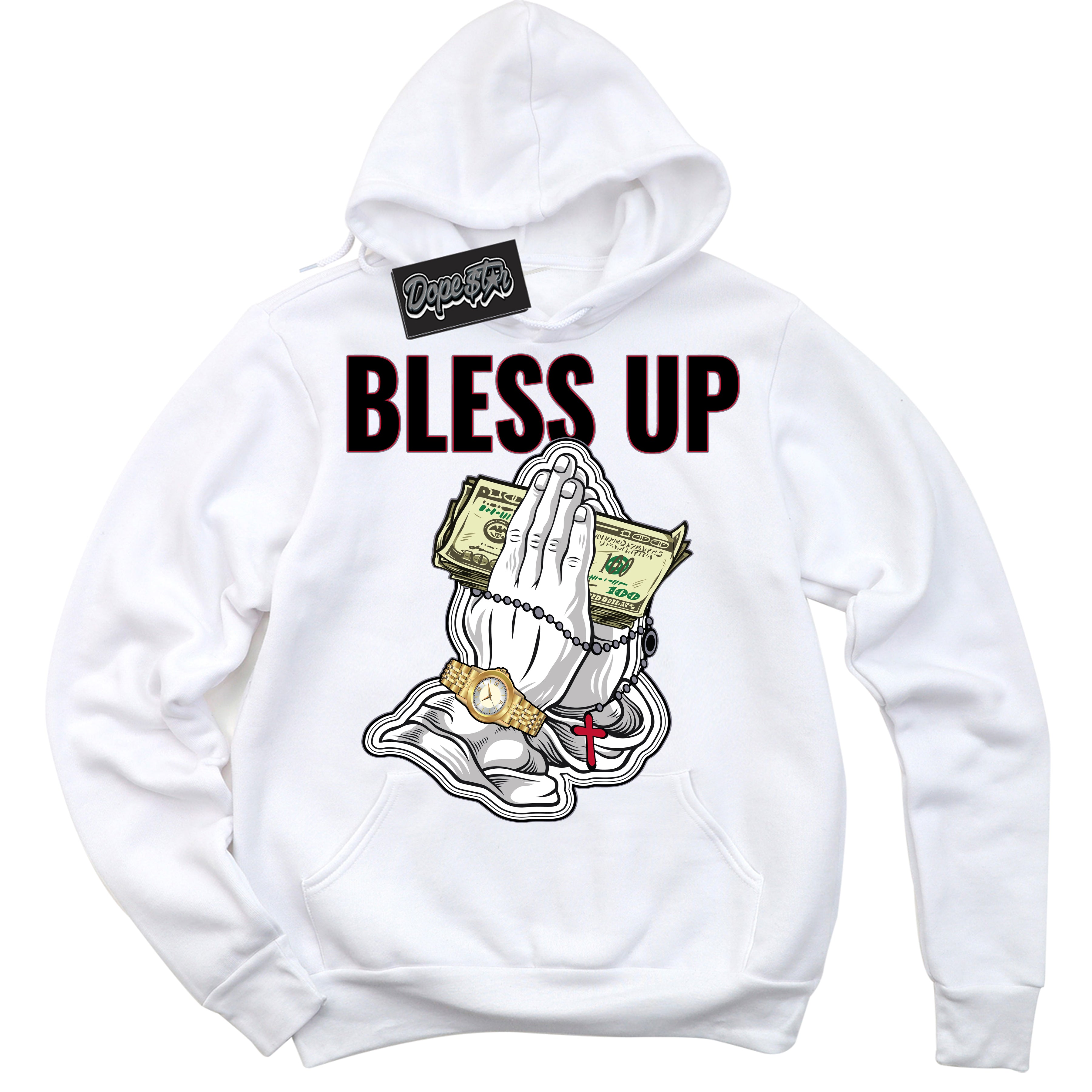 Cool White Hoodie with “ Bless Up '' design that Perfectly Matches Cement Grey Fire Red 1s Sneakers.
