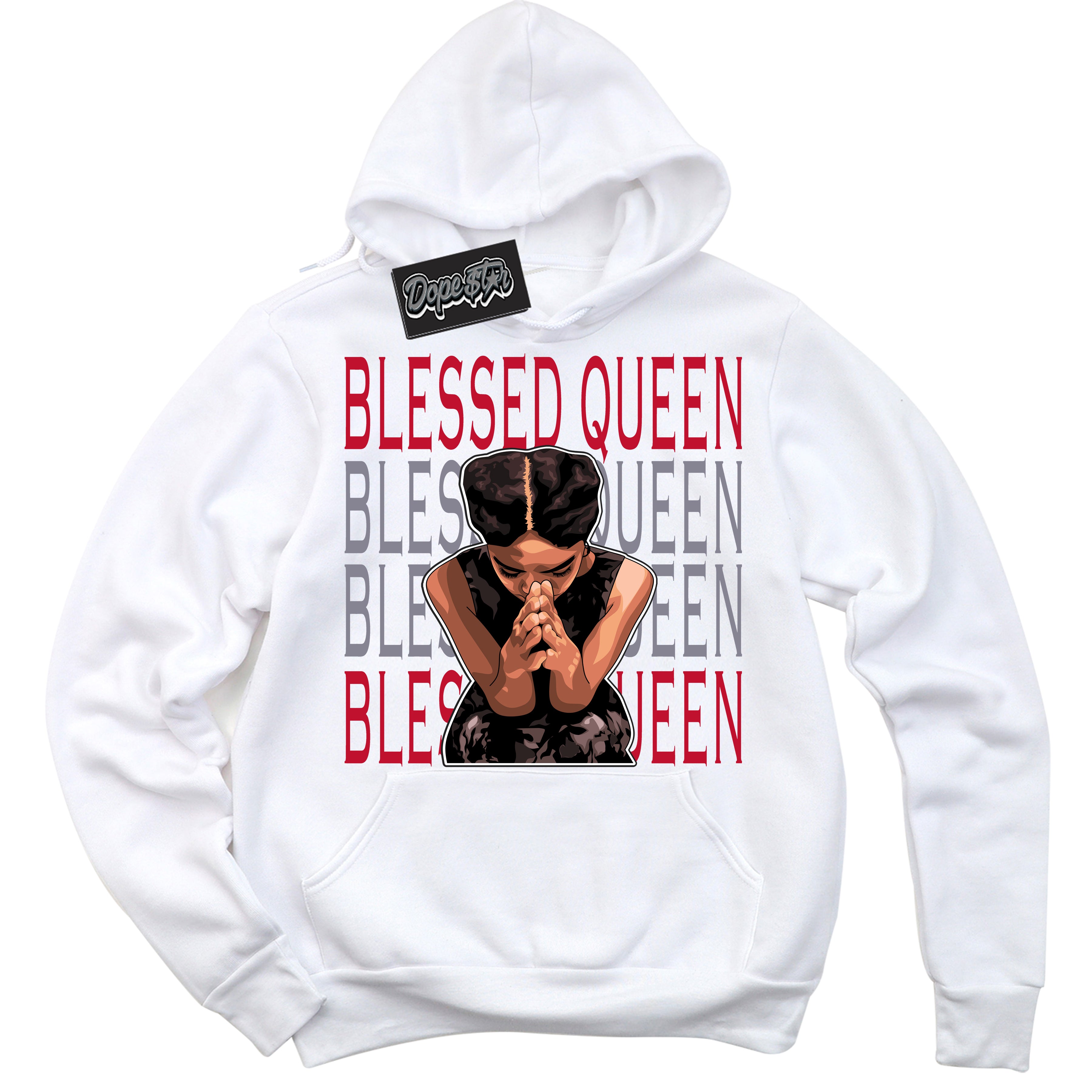 Cool White Hoodie with “ Blessed Queen '' design that Perfectly Matches Cement Grey Fire Red 1s Sneakers.