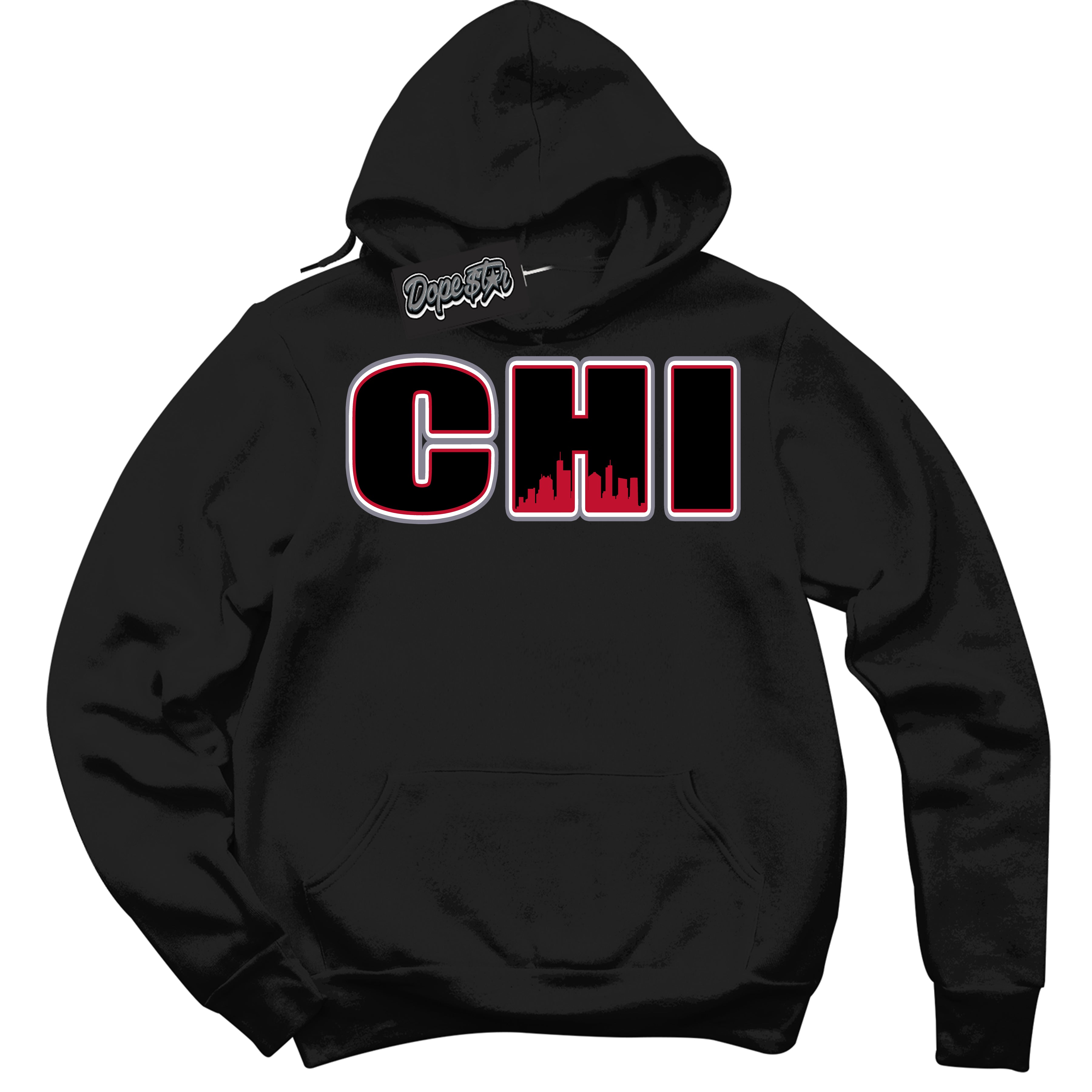 Cool Black Hoodie with “ Chicago '' design that Perfectly Matches Cement Grey Fire Red 1s Sneakers.