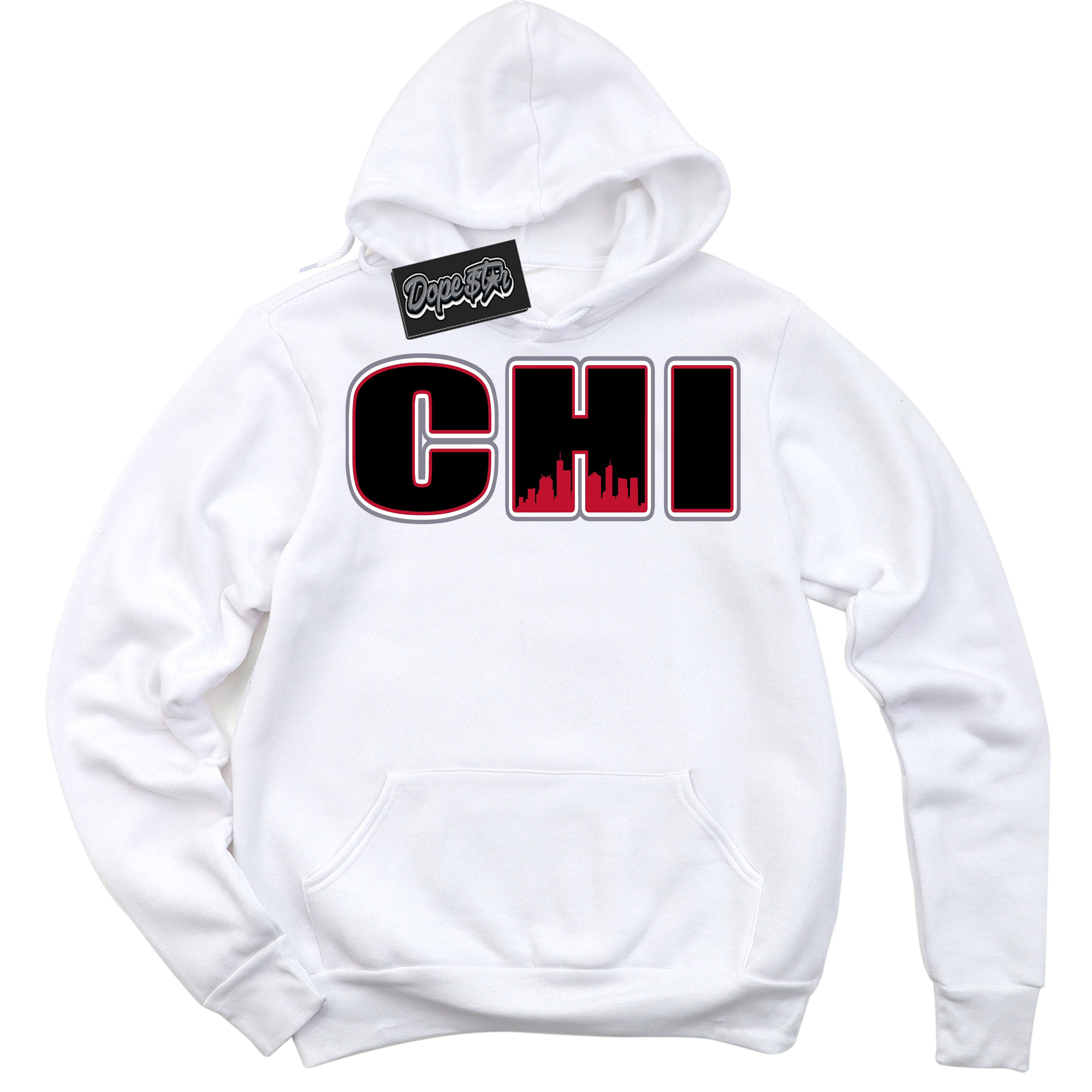 Cool White Hoodie with “ Chicago '' design that Perfectly Matches Cement Grey Fire Red 1s Sneakers.