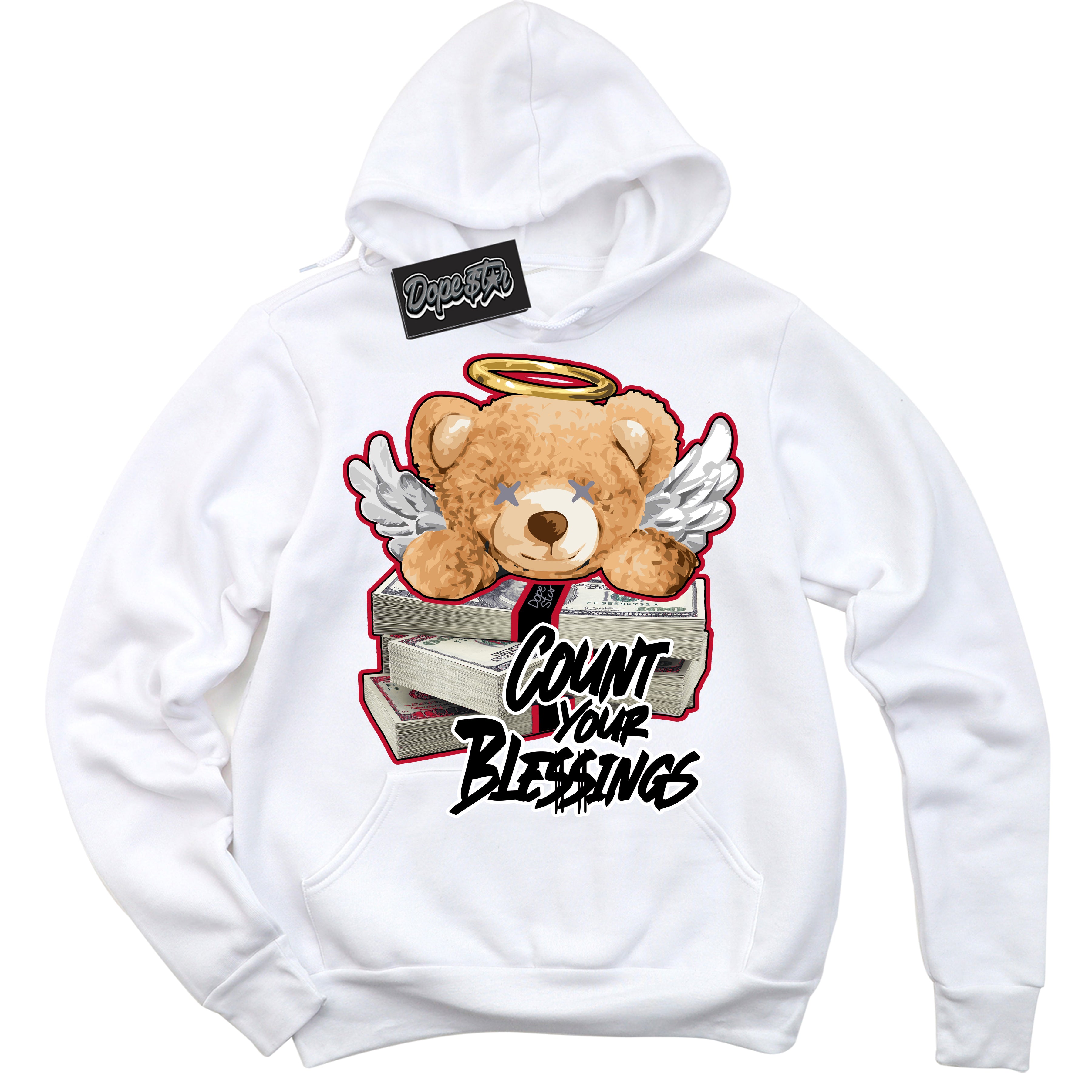 Cool White Hoodie with “ Count Your Blessings '' design that Perfectly Matches Cement Grey Fire Red 1s Sneakers.