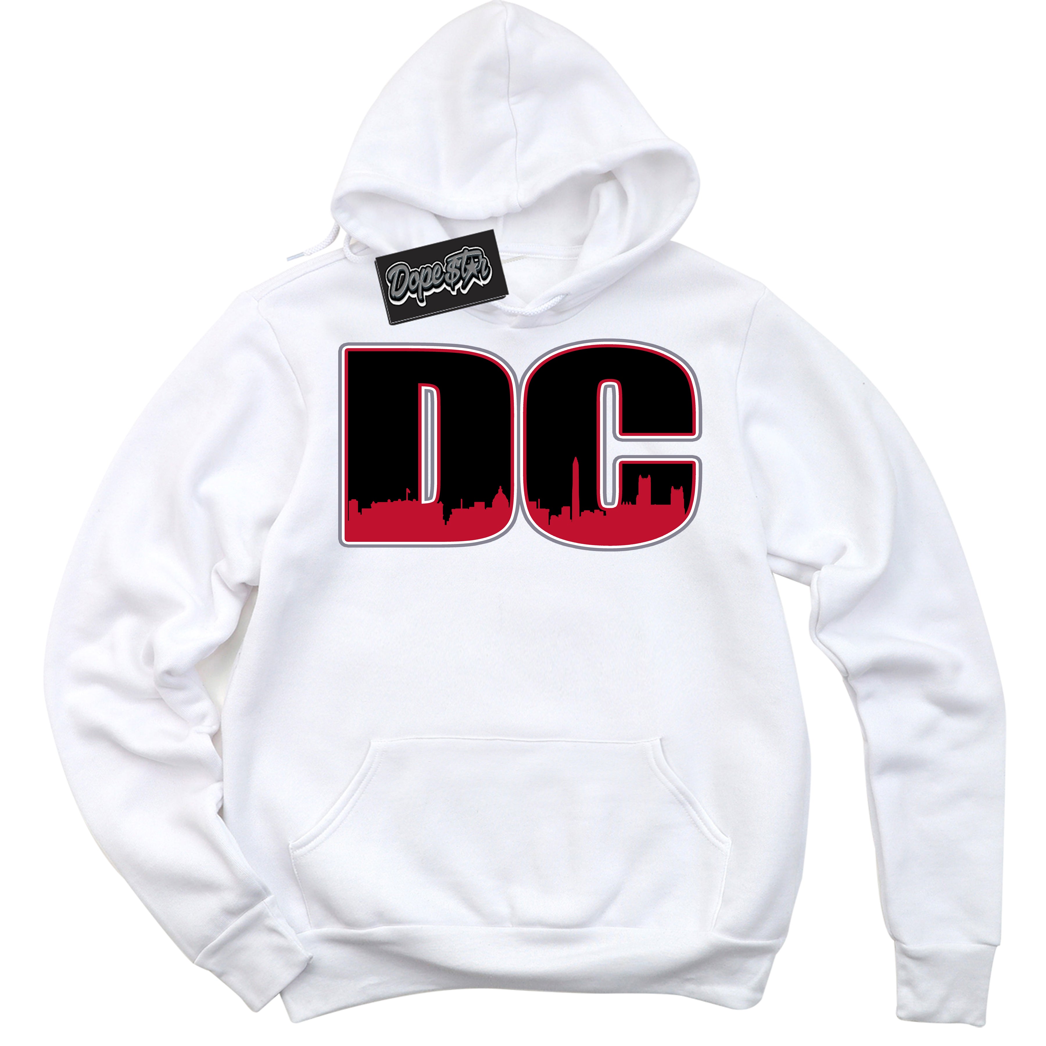 Cool White Hoodie with “ DC '' design that Perfectly Matches Cement Grey Fire Red 1s Sneakers.