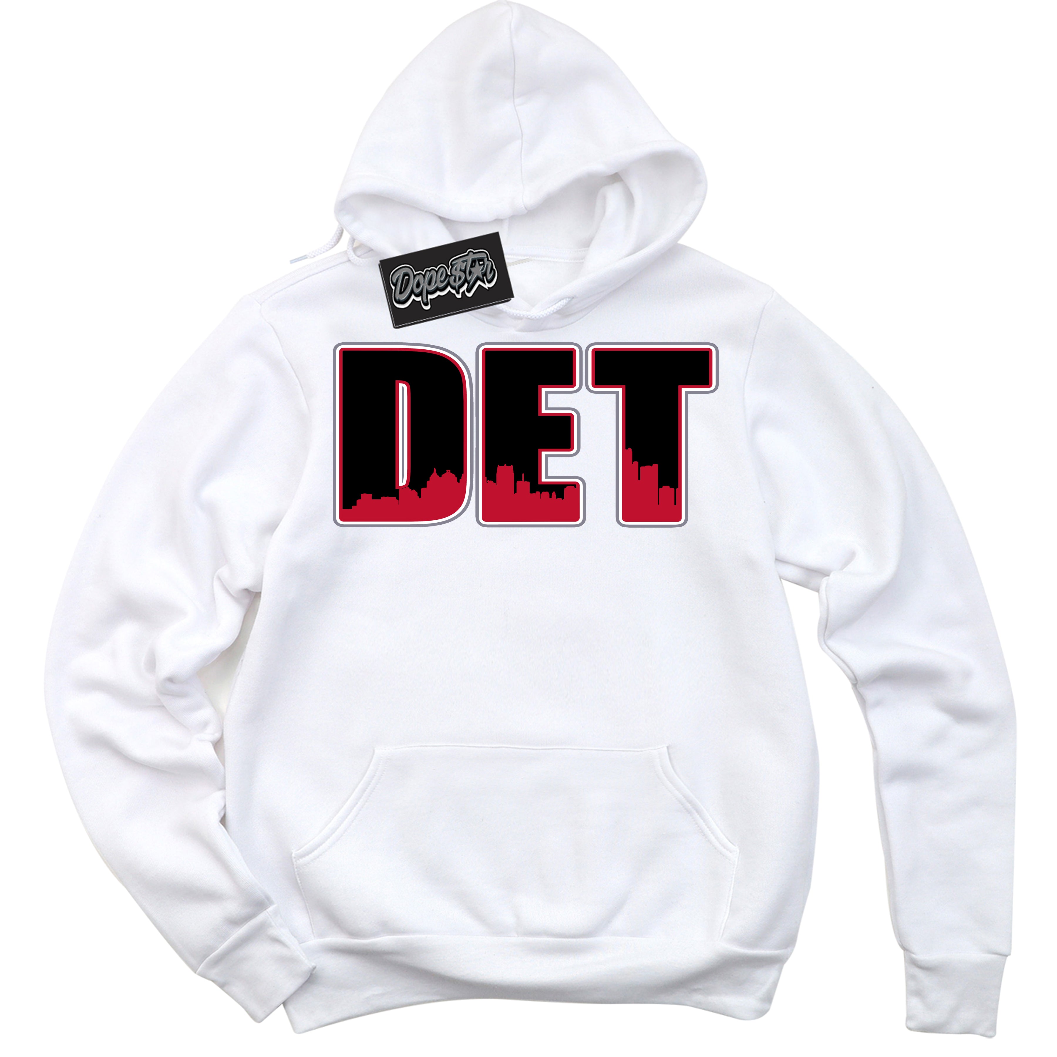 Cool White Hoodie with “ Detroit '' design that Perfectly Matches Cement Grey Fire Red 1s Sneakers.