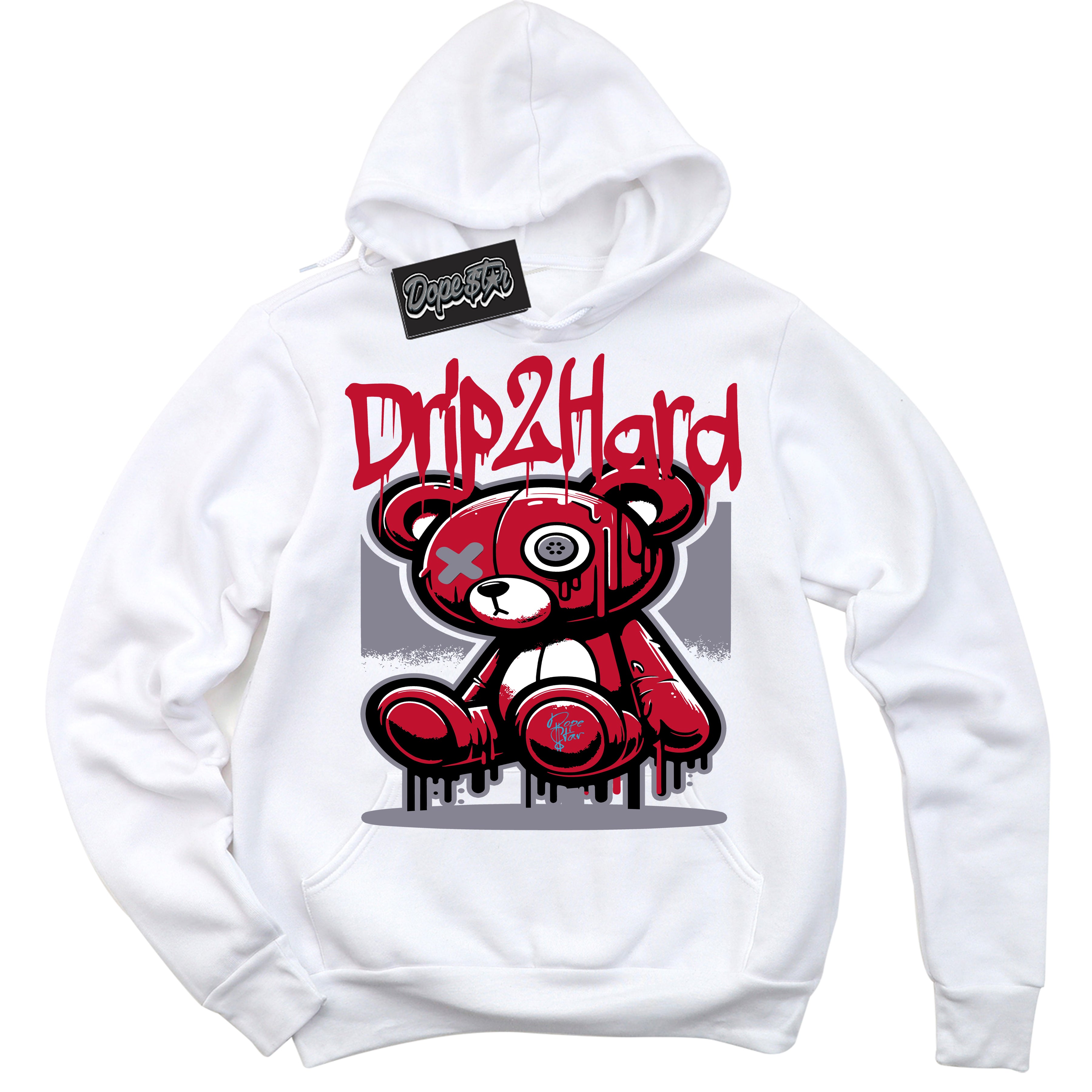 Cool White Hoodie with “ Drip 2 Hard '' design that Perfectly Matches Cement Grey Fire Red 1s Sneakers.