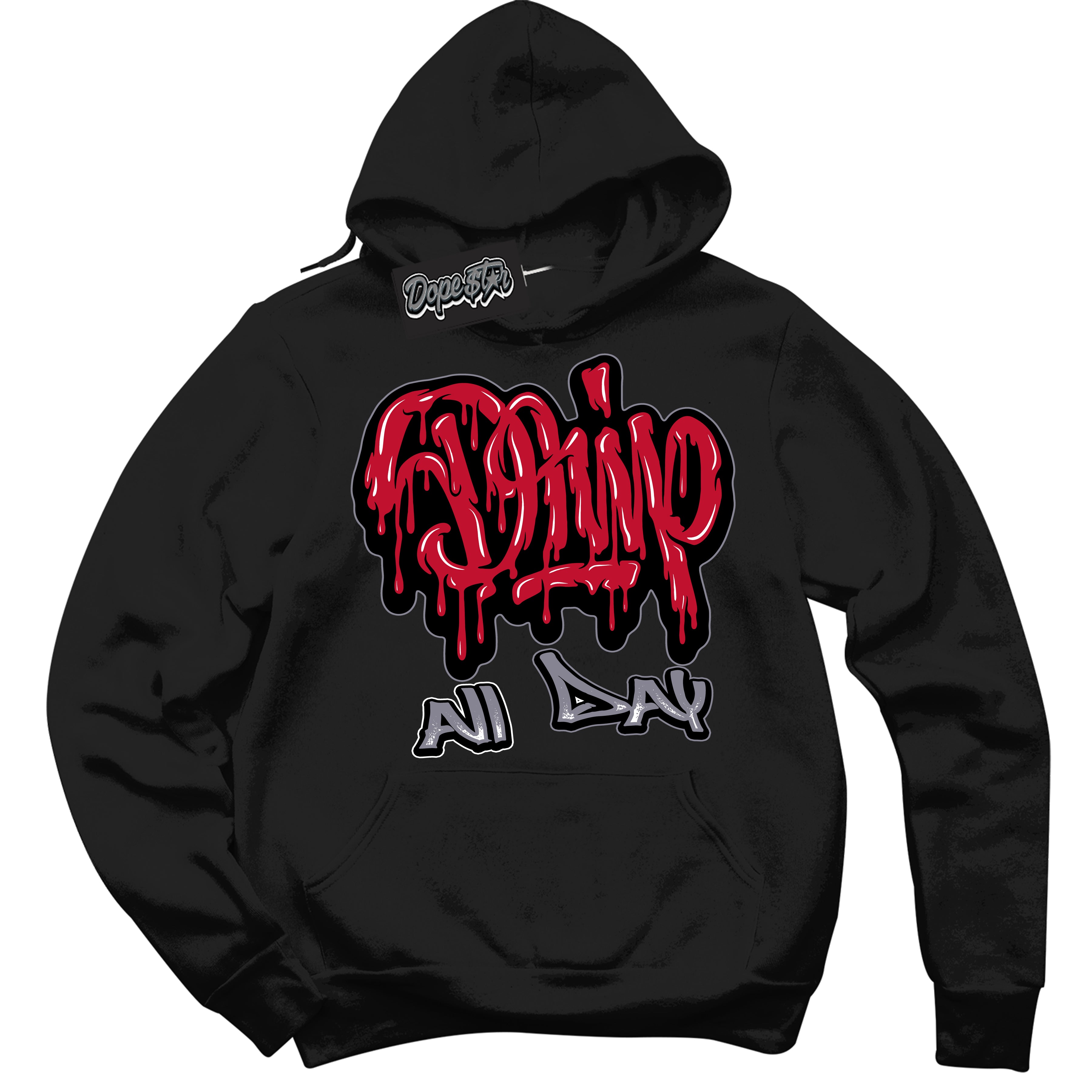 Cool Black Hoodie with “ Drip All Day '' design that Perfectly Matches Cement Grey Fire Red 1s Sneakers.
