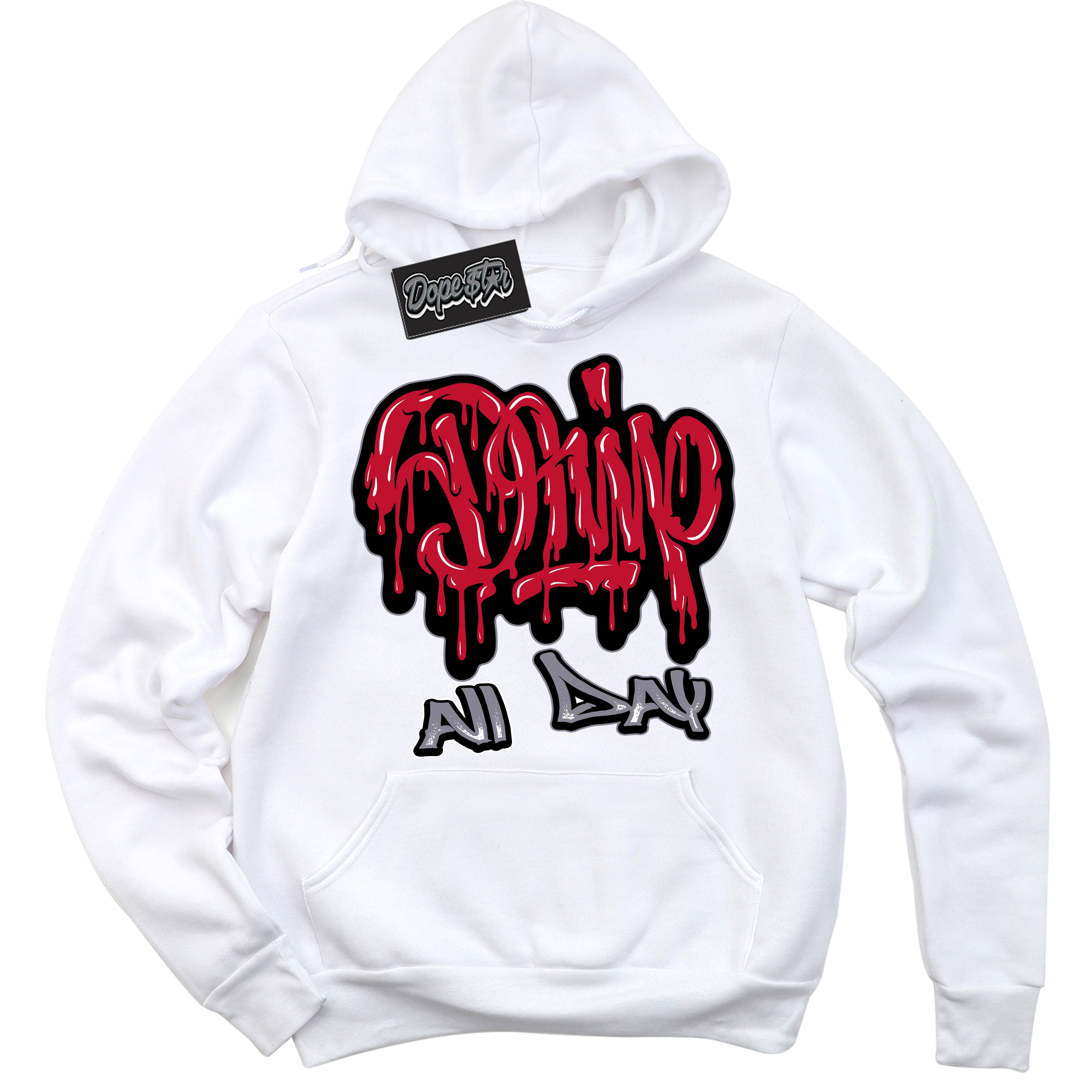 Cool White Hoodie with “ Drip All Day '' design that Perfectly Matches Cement Grey Fire Red 1s Sneakers.