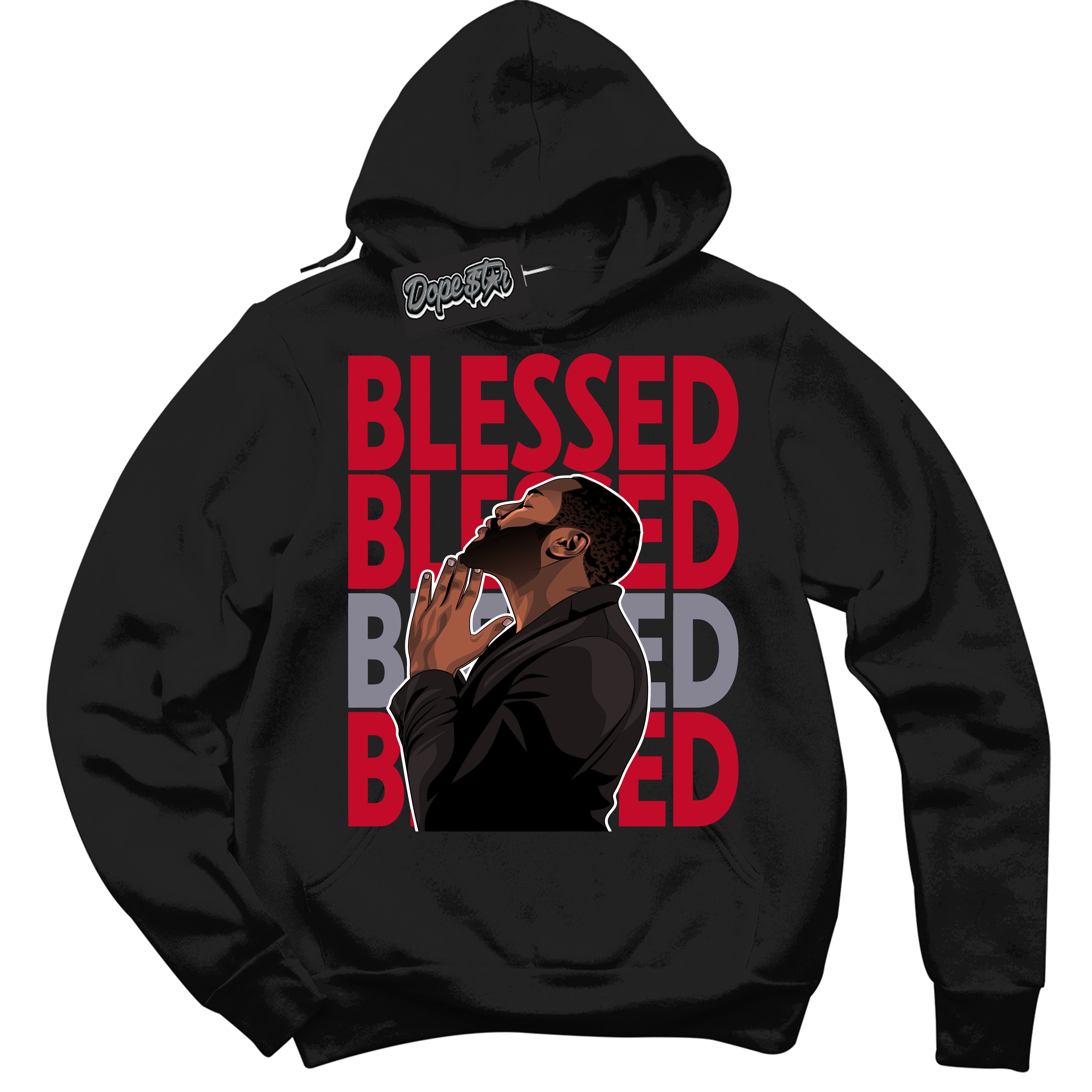 Cool Black Hoodie with “ God Blessed '' design that Perfectly Matches Cement Grey Fire Red 1s Sneakers.
