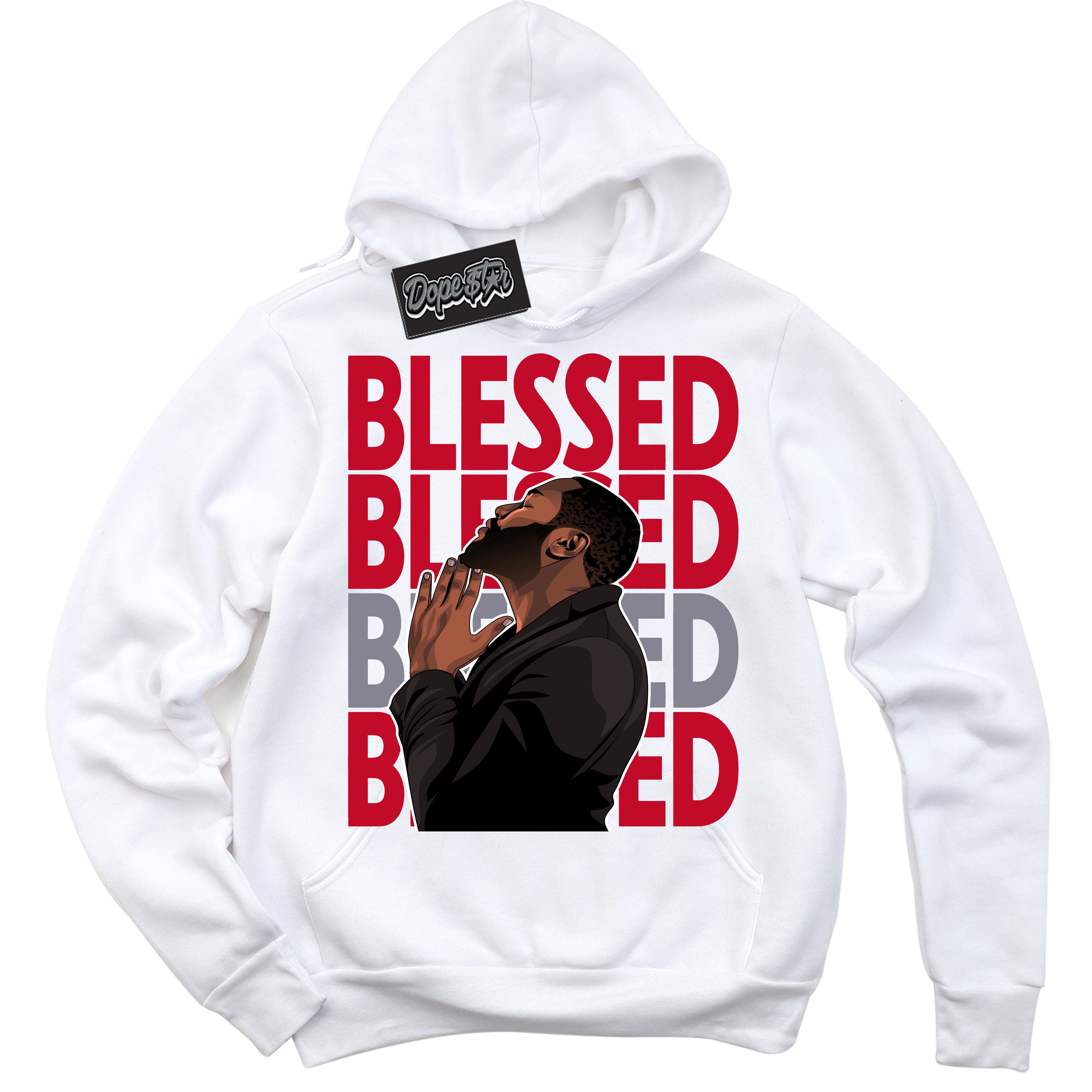 Cool White Hoodie with “ God Blessed '' design that Perfectly Matches Cement Grey Fire Red 1s Sneakers.