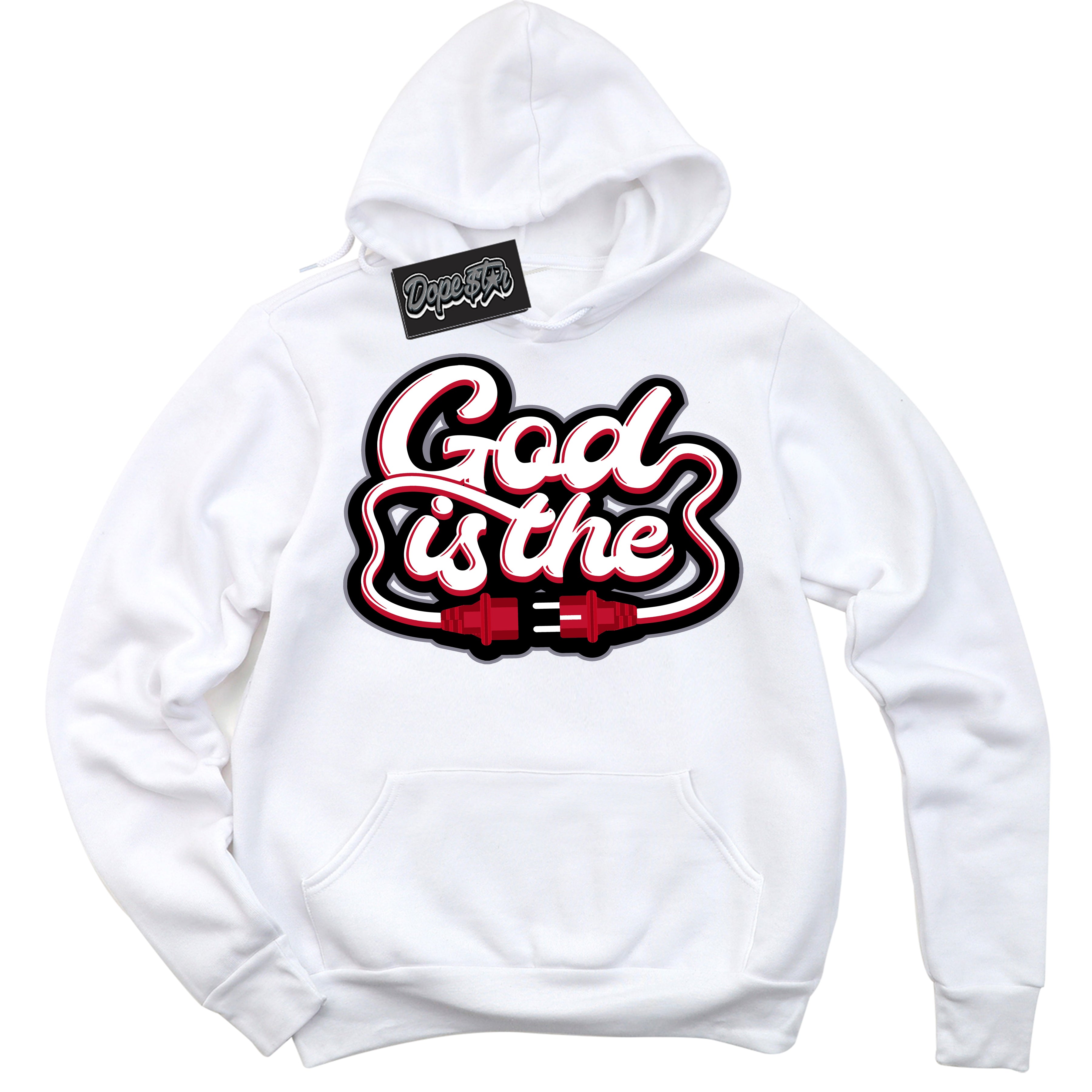 Cool White Hoodie with “ God Is The '' design that Perfectly Matches Cement Grey Fire Red 1s Sneakers.