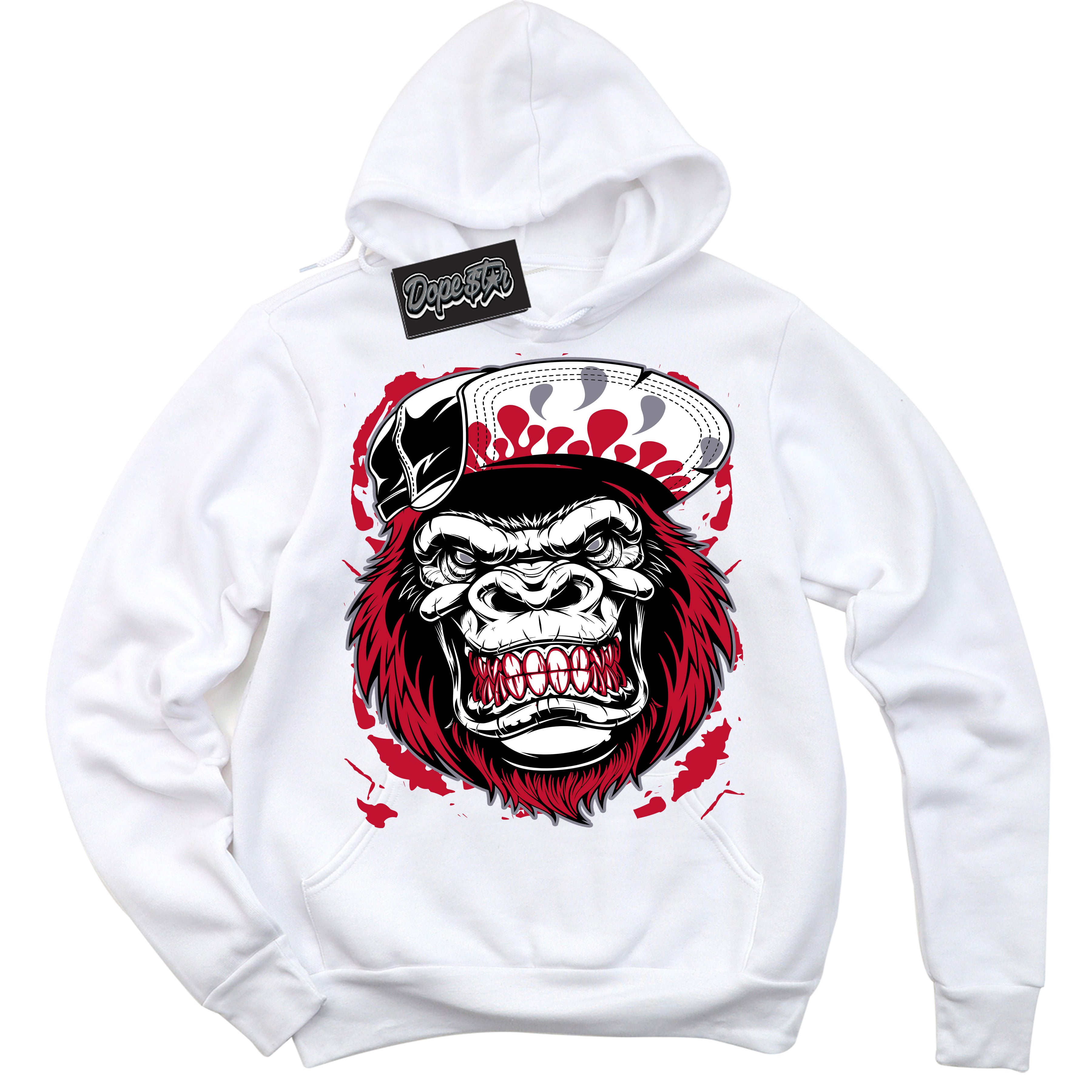 Cool White Hoodie with “ Gorilla Beast '' design that Perfectly Matches Cement Grey Fire Red 1s Sneakers.