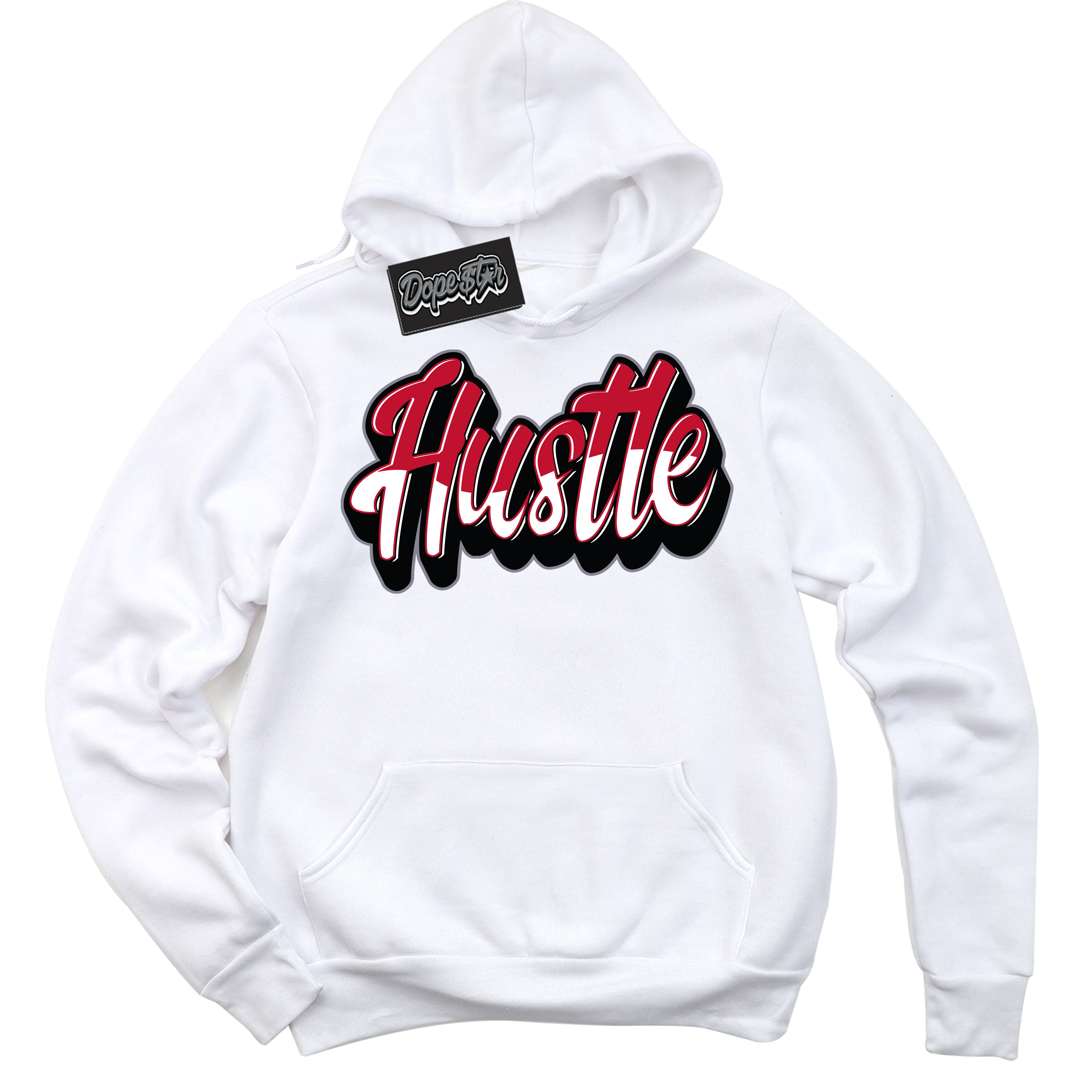 Cool White Hoodie with “ Hustle '' design that Perfectly Matches Cement Grey Fire Red 1s Sneakers.