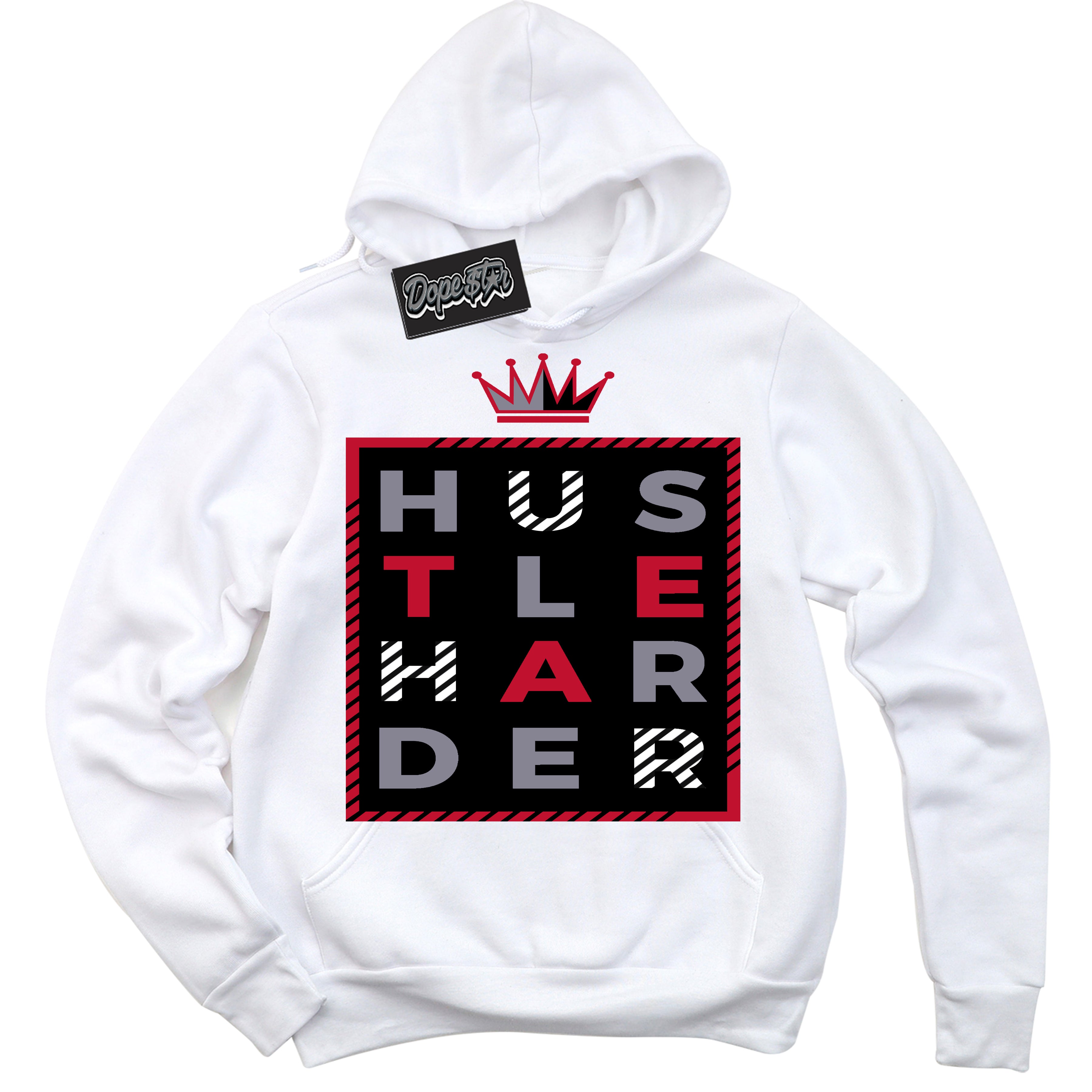 Cool White Hoodie with “ Hustle Harder '' design that Perfectly Matches Cement Grey Fire Red 1s Sneakers.