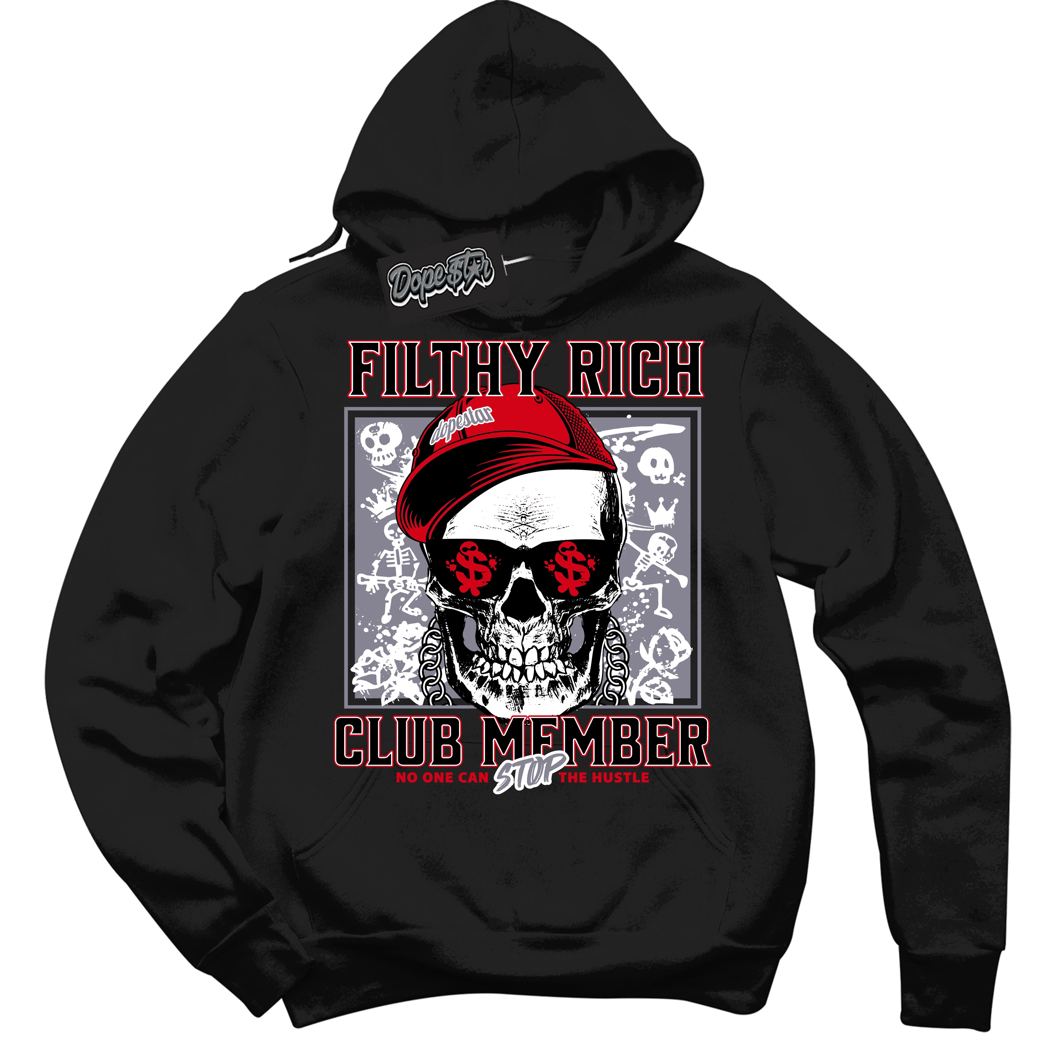 Cool Black Hoodie with “ Filthy Rich ” design that Perfectly Matches Cement Grey Fire Red 1s Sneakers.