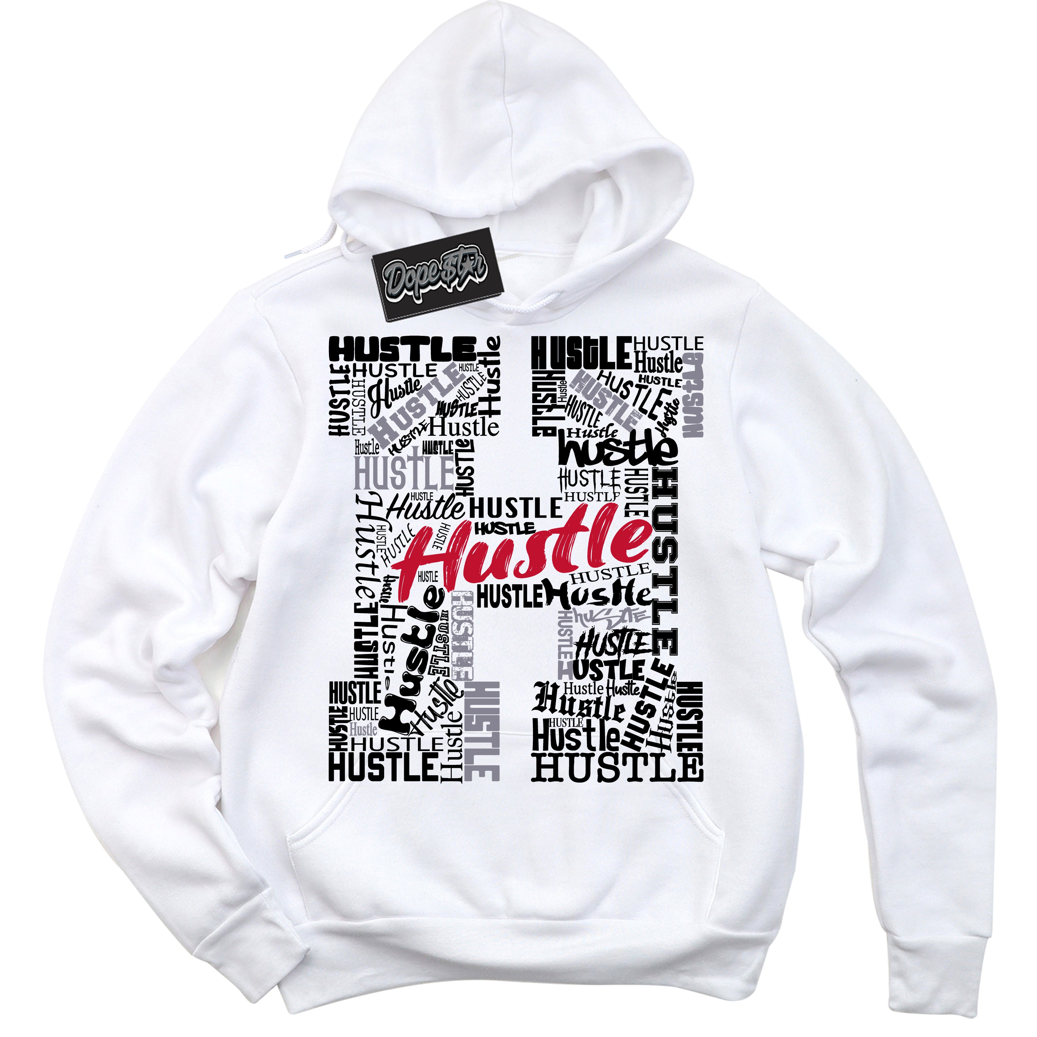 Cool White Hoodie with “ Hustle H '' design that Perfectly Matches Cement Grey Fire Red 1s Sneakers.