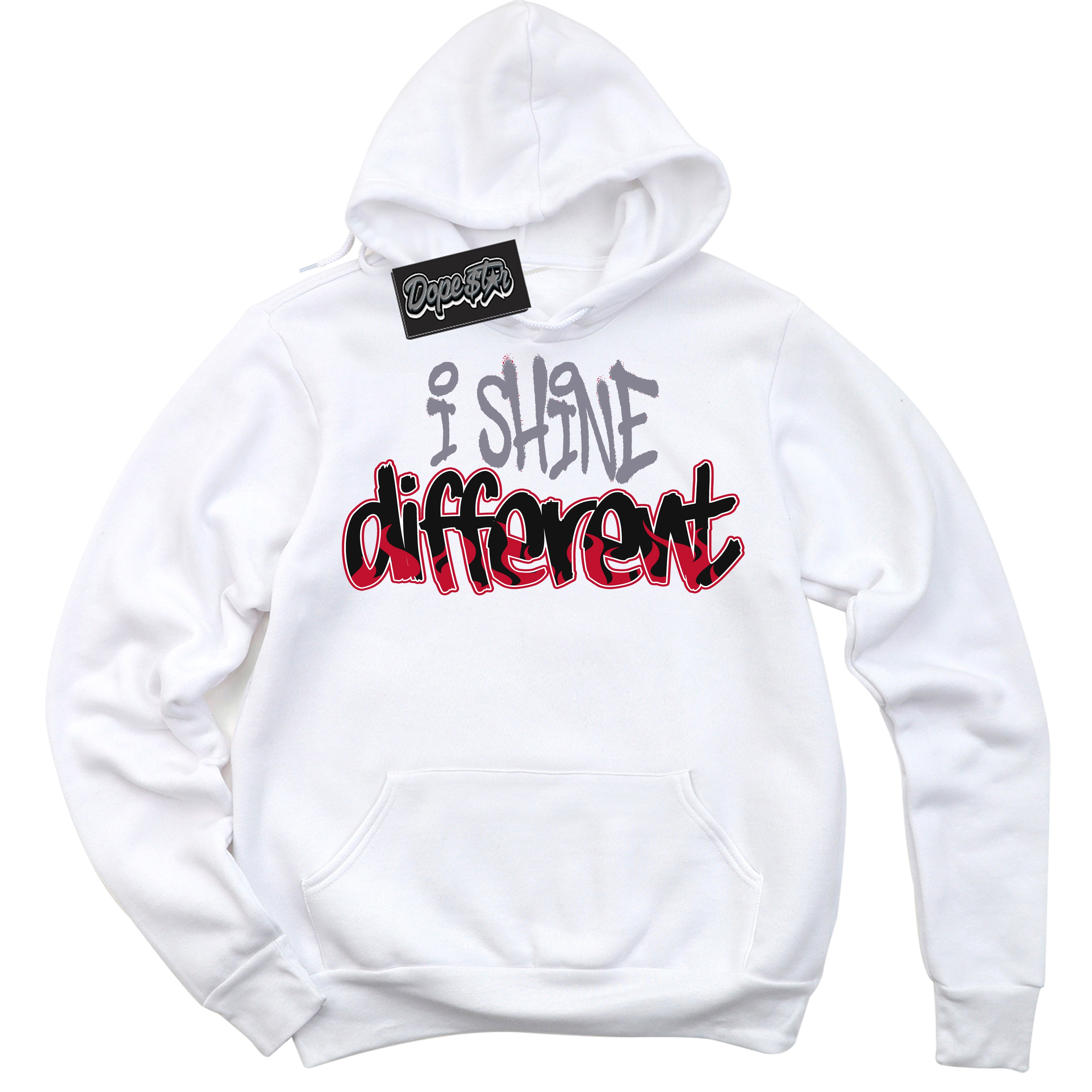 Cool White Hoodie with “ I Shine Different '' design that Perfectly Matches Cement Grey Fire Red 1s Sneakers.