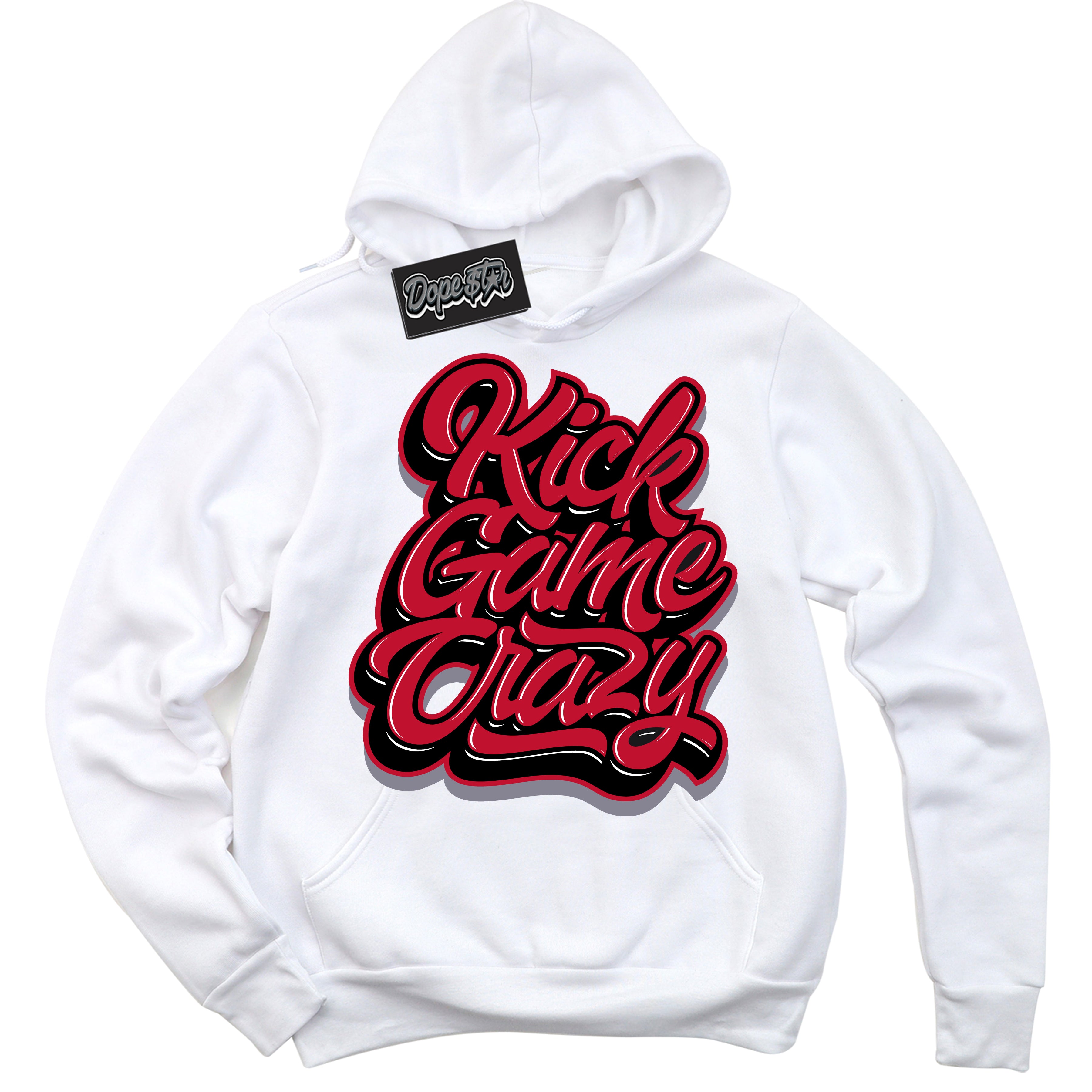 Cool White Hoodie with “ Kick Game Crazy '' design that Perfectly Matches Cement Grey Fire Red 1s Sneakers.