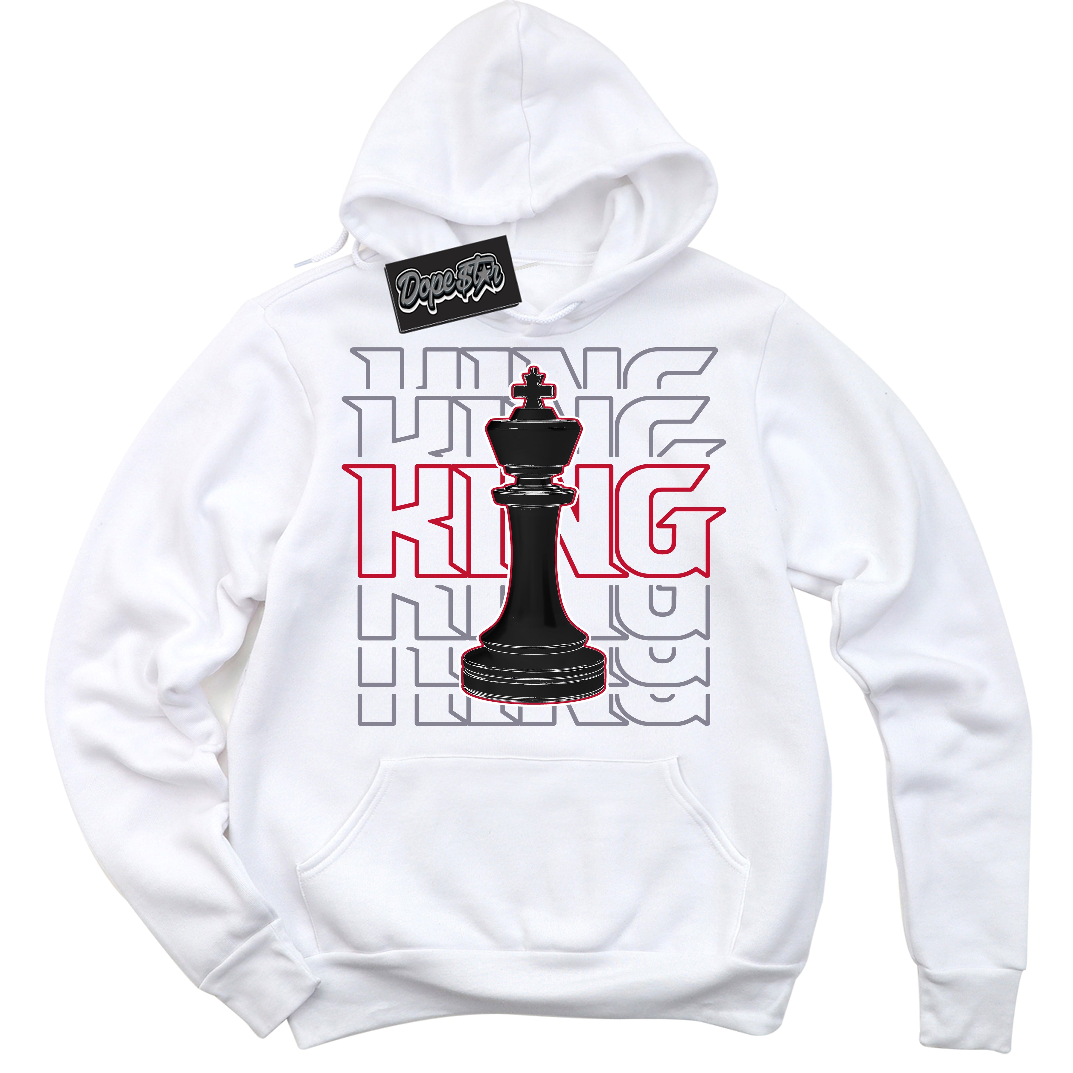 Cool White Hoodie with “ King Chess '' design that Perfectly Matches Cement Grey Fire Red 1s Sneakers.
