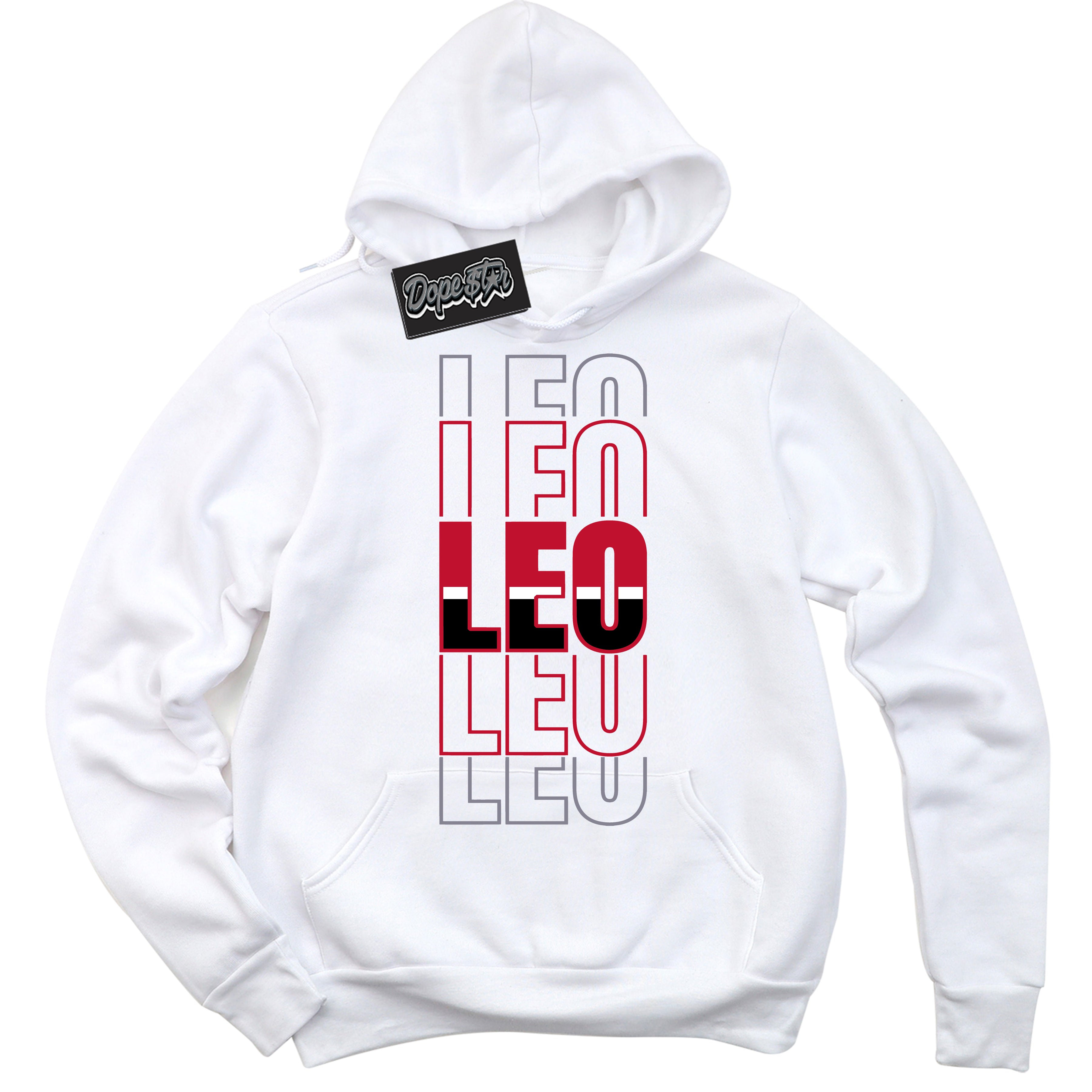 Cool White Hoodie with “ Leo '' design that Perfectly Matches Cement Grey Fire Red 1s Sneakers.