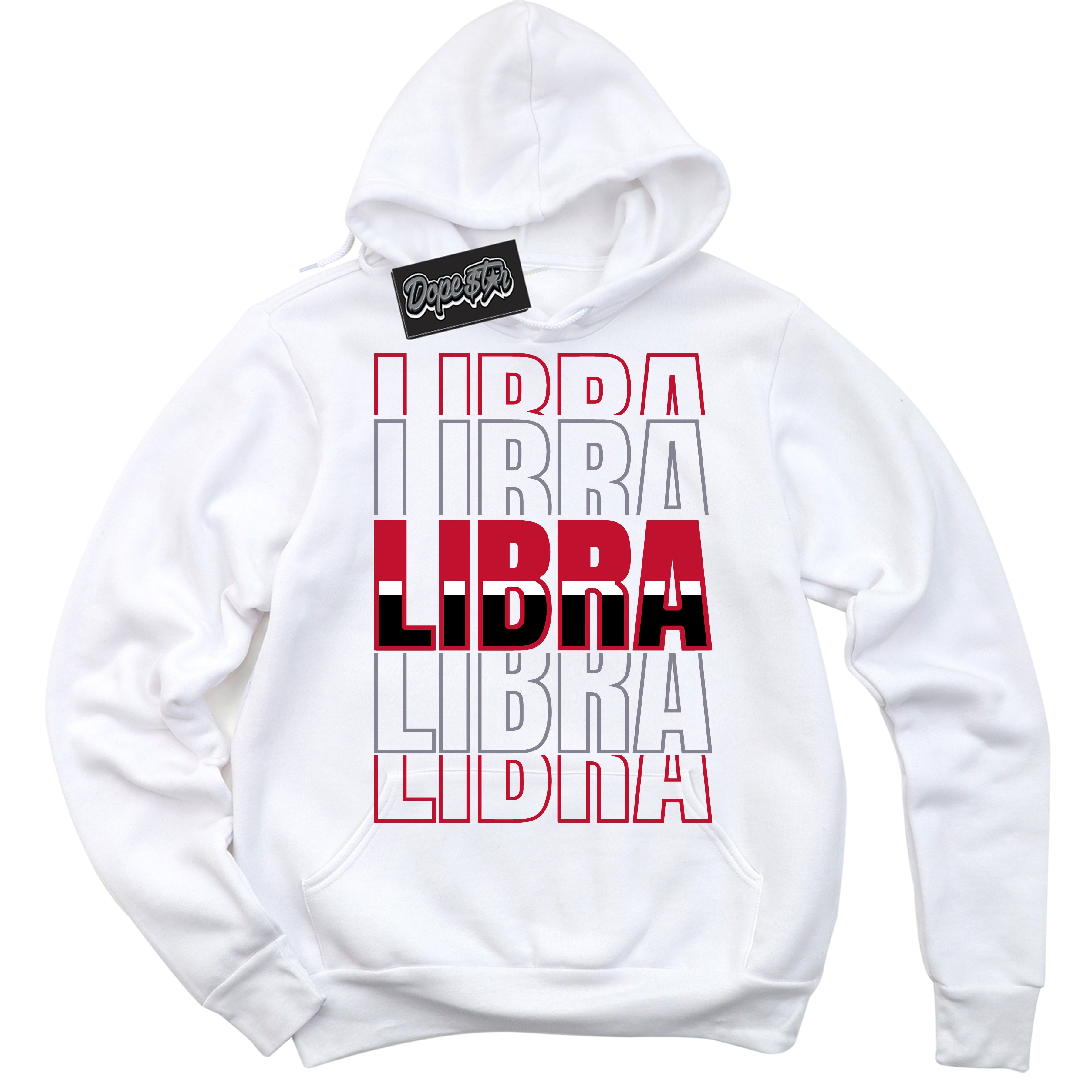 Cool White Hoodie with “ Libra '' design that Perfectly Matches Cement Grey Fire Red 1s Sneakers.