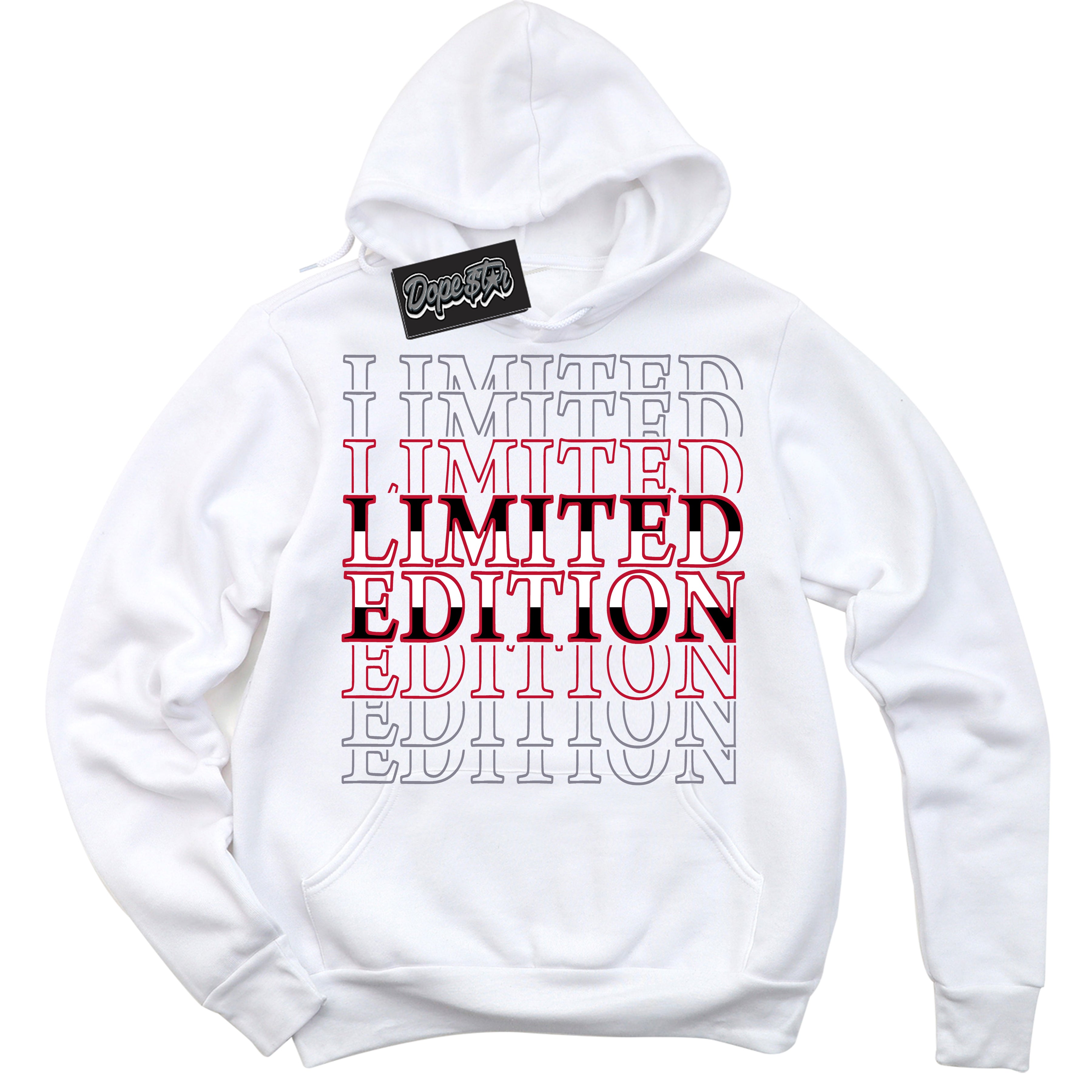 Cool White Hoodie with “ Limited Edition '' design that Perfectly Matches Cement Grey Fire Red 1s Sneakers.