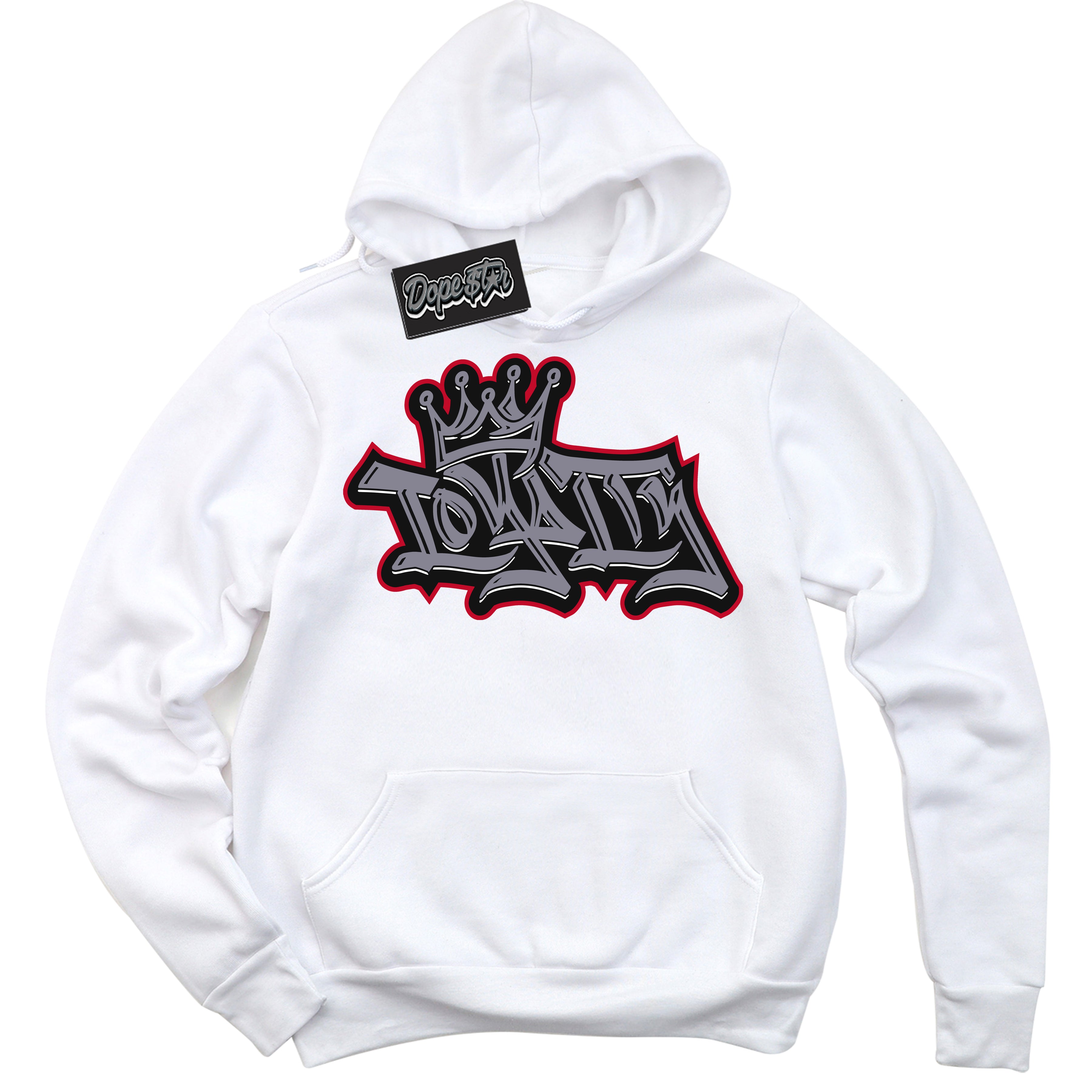 Cool White Hoodie with “ Loyalty Crown '' design that Perfectly Matches Cement Grey Fire Red 1s Sneakers.