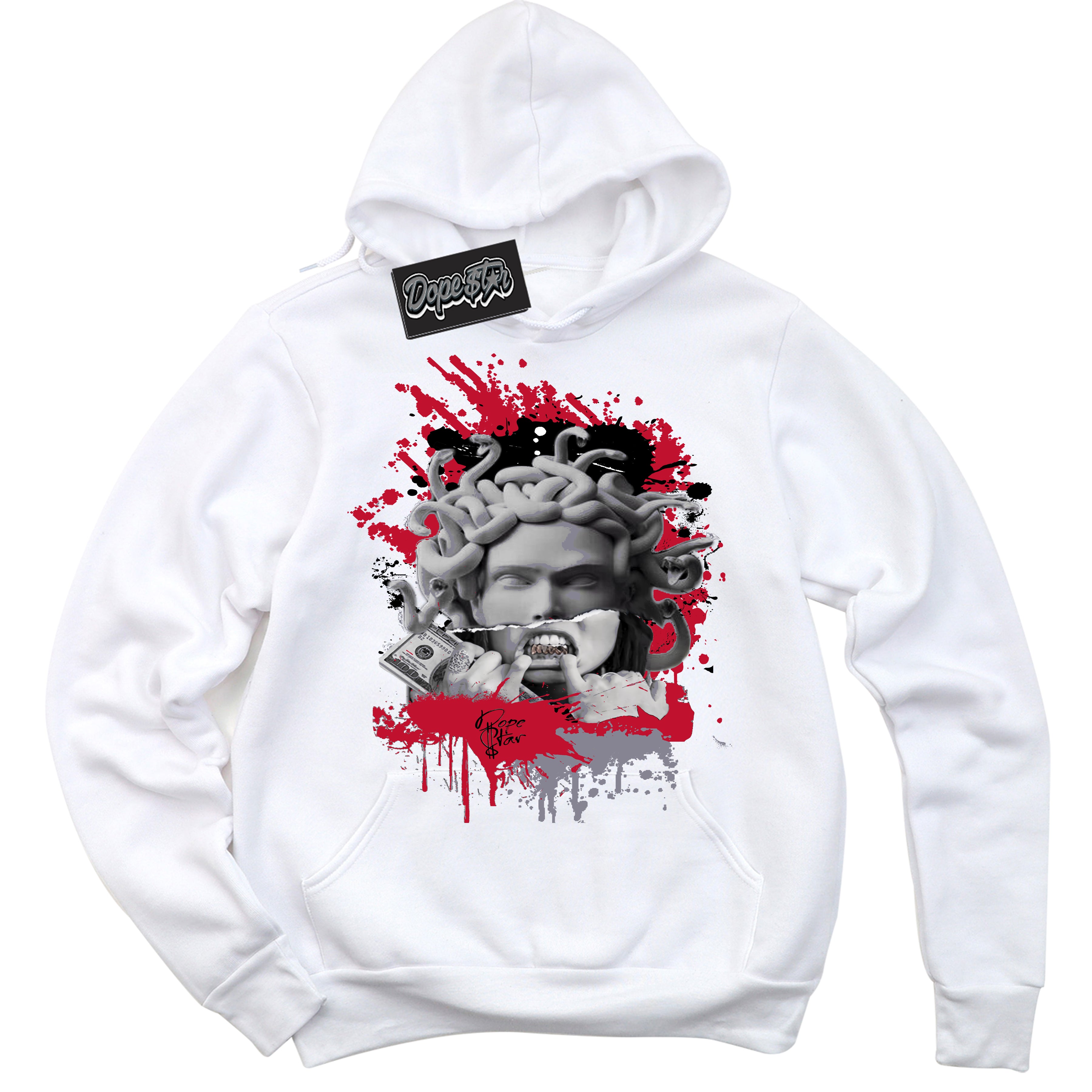 Cool White Hoodie with “ Medusa '' design that Perfectly Matches Cement Grey Fire Red 1s Sneakers.