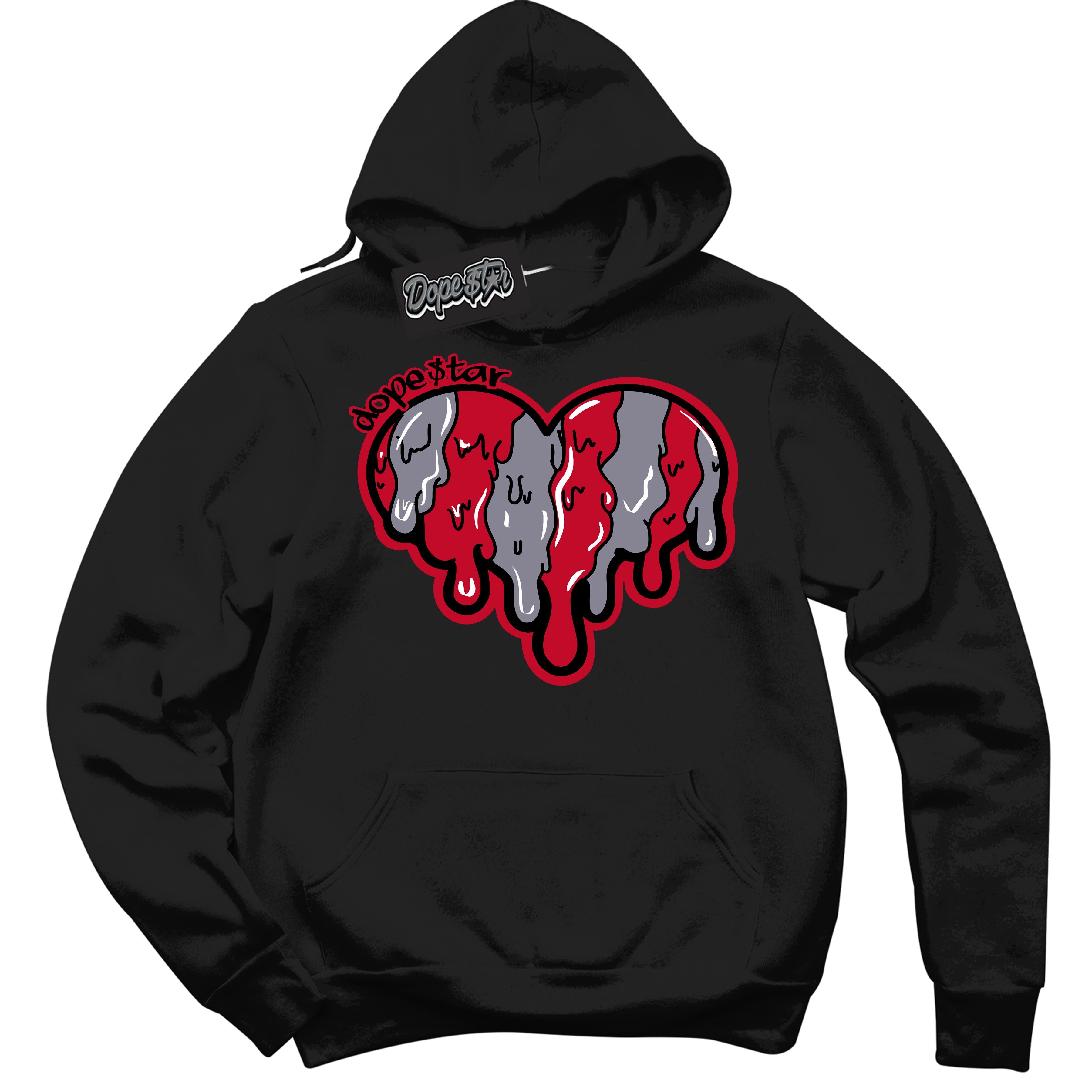 Cool Black Hoodie with “ Melting Heart '' design that Perfectly Matches Cement Grey Fire Red 1s Sneakers.