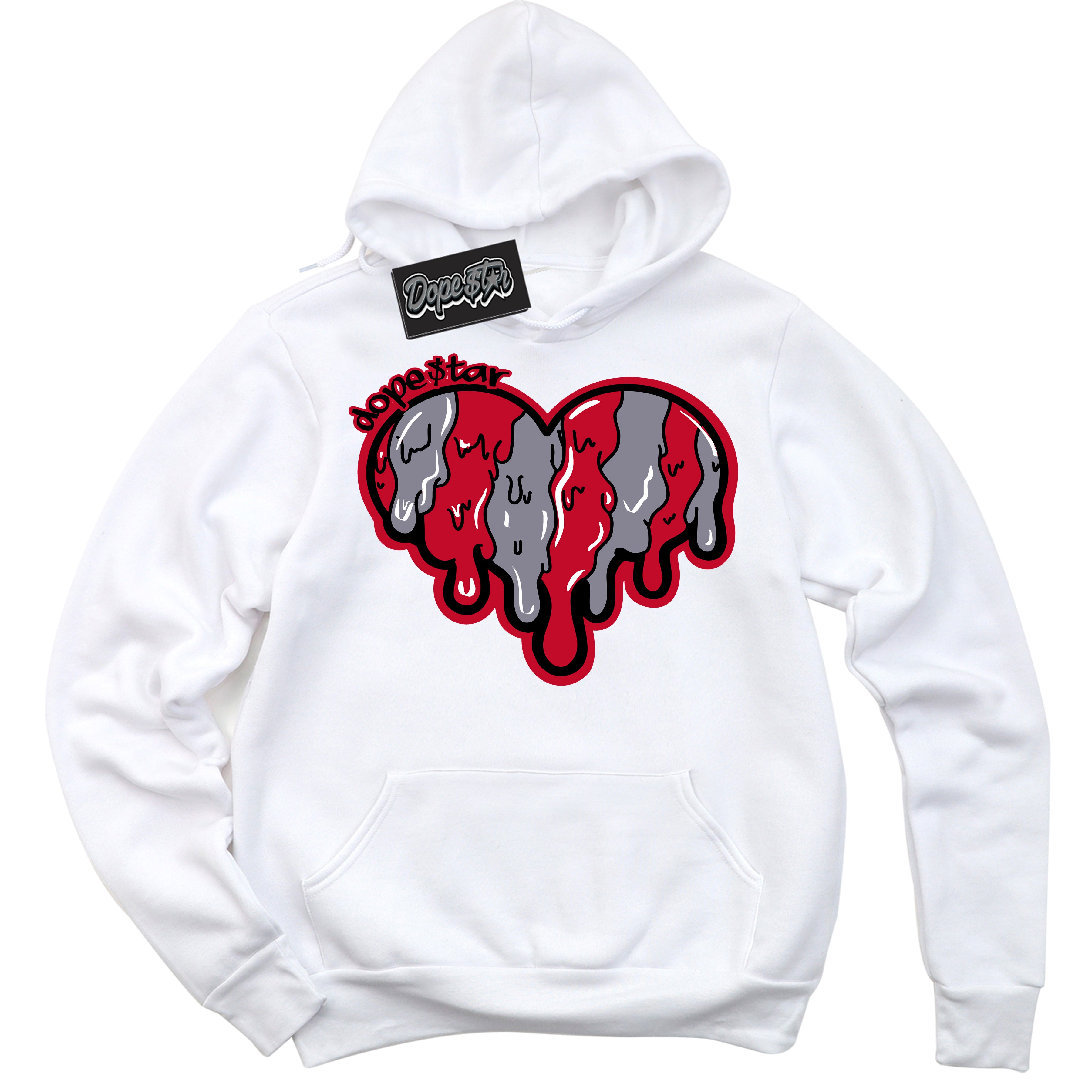 Cool White Hoodie with “ Melting Heart '' design that Perfectly Matches Cement Grey Fire Red 1s Sneakers.
