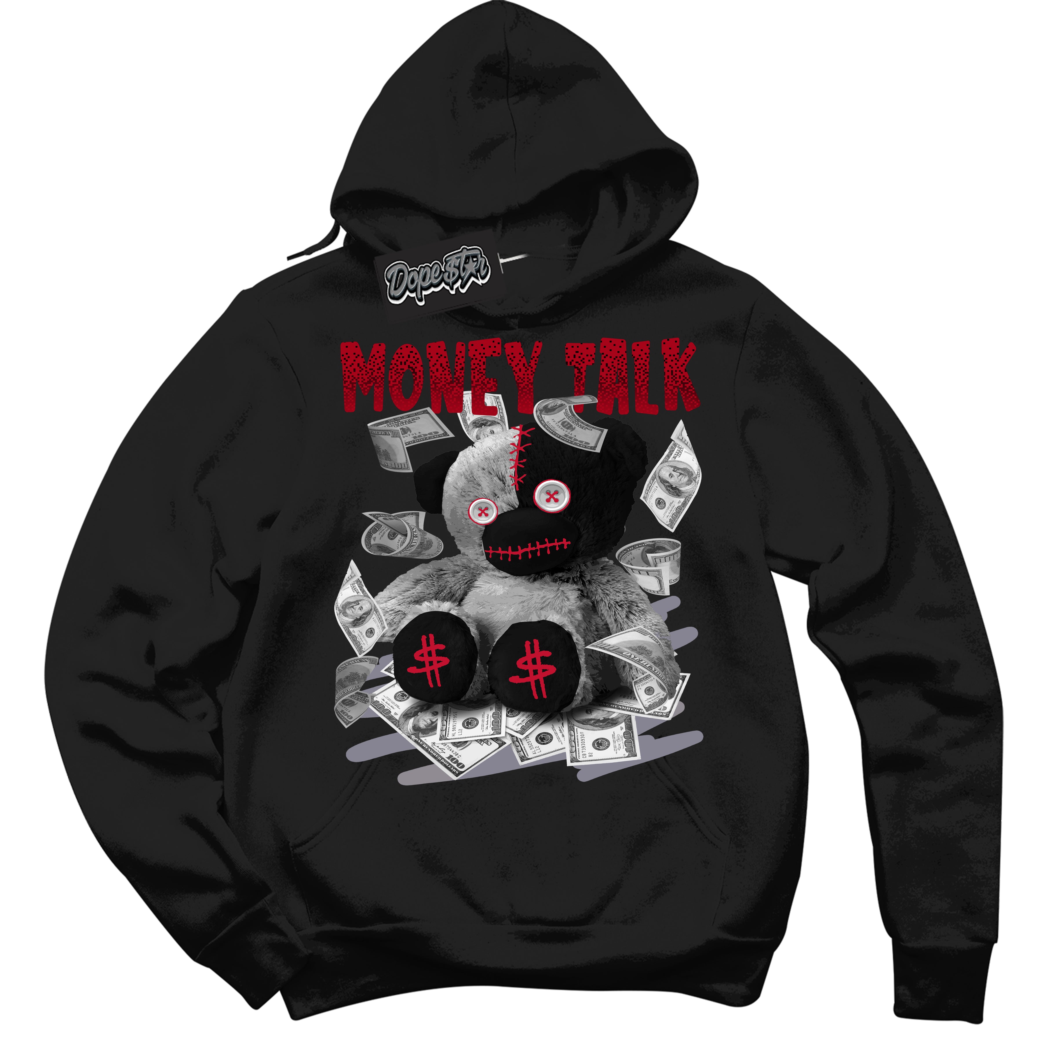 Cool Black Hoodie with “ Money Talk Bear '' design that Perfectly Matches Cement Grey Fire Red 1s Sneakers.